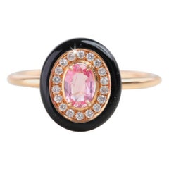 Oval Pink Sapphire Black Enameled with Pave Diamond Setting Ring