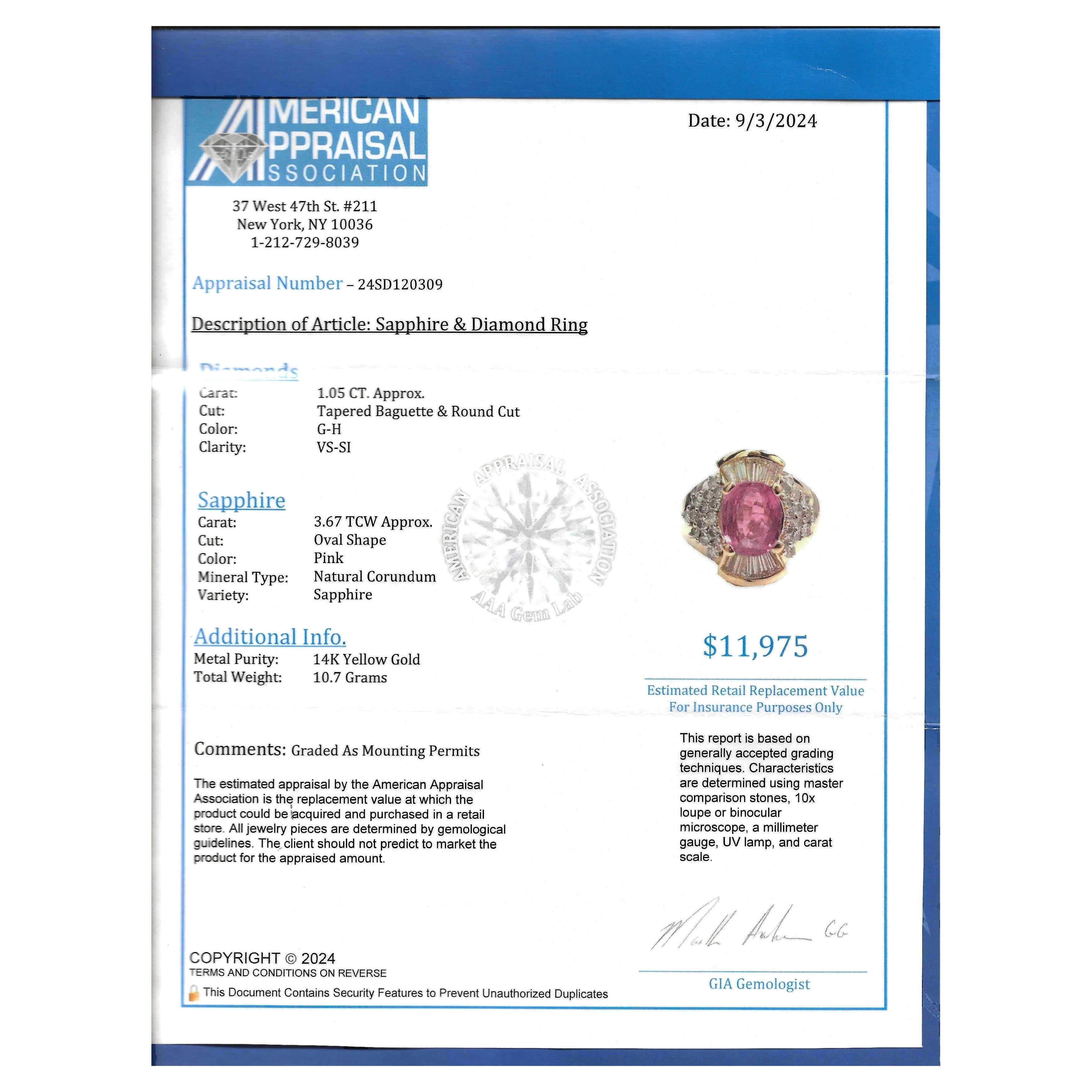 Anillo de Cóctel de Zafiro Rosa Ovalado con Diamantes Baguette y Redondos, Oro de 14 Kilates en venta 5