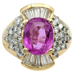 Oval Pink Sapphire Cocktail Ring with Baguette and Round Diamonds, 14 Karat Gold