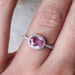 Oval Pink Sapphire & Diamond Halo Engagement Ring 'Ivy' 14k White Gold