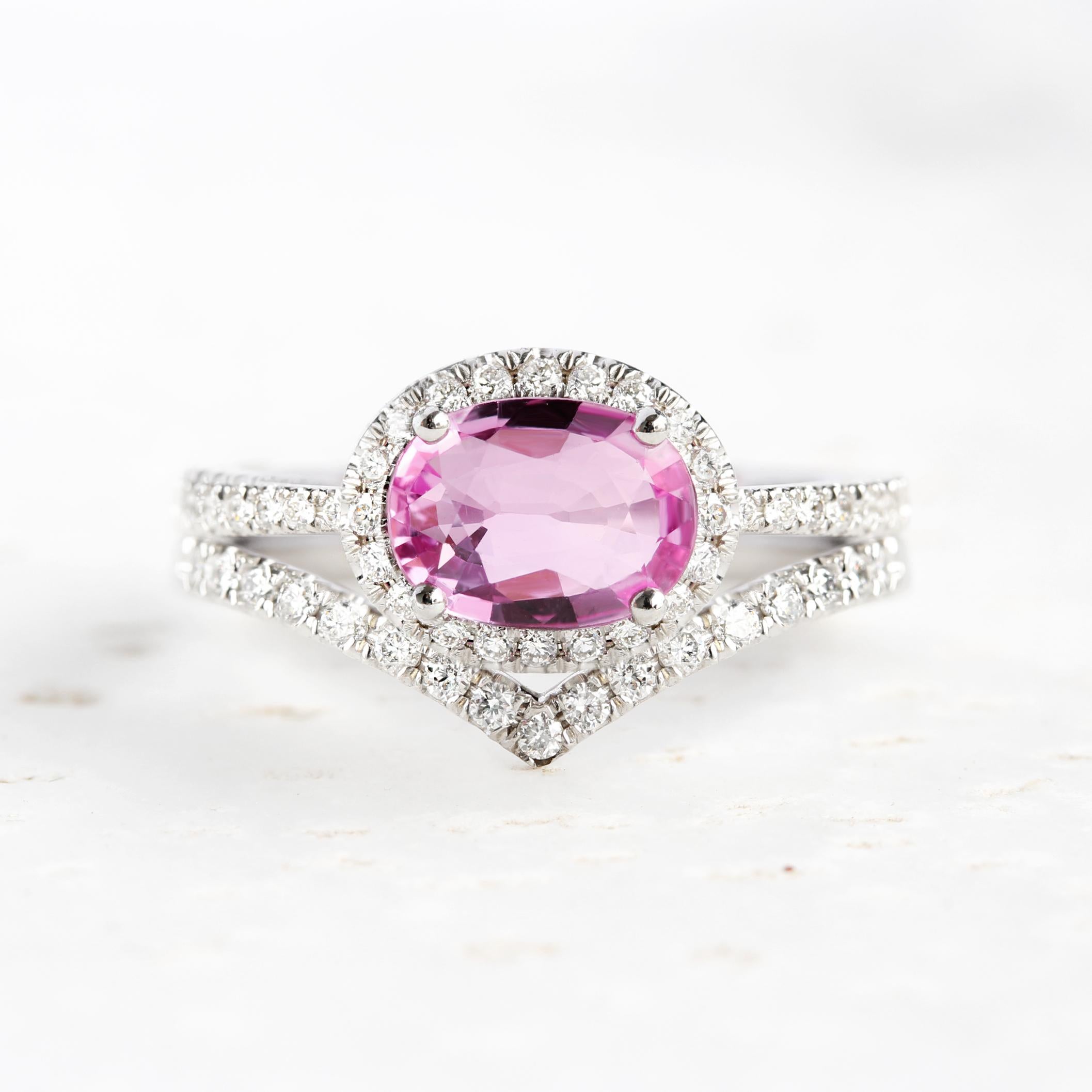 Contemporary Oval Pink Sapphire & Diamond Halo Engagement Ring 'Ivy' 14k White Gold For Sale