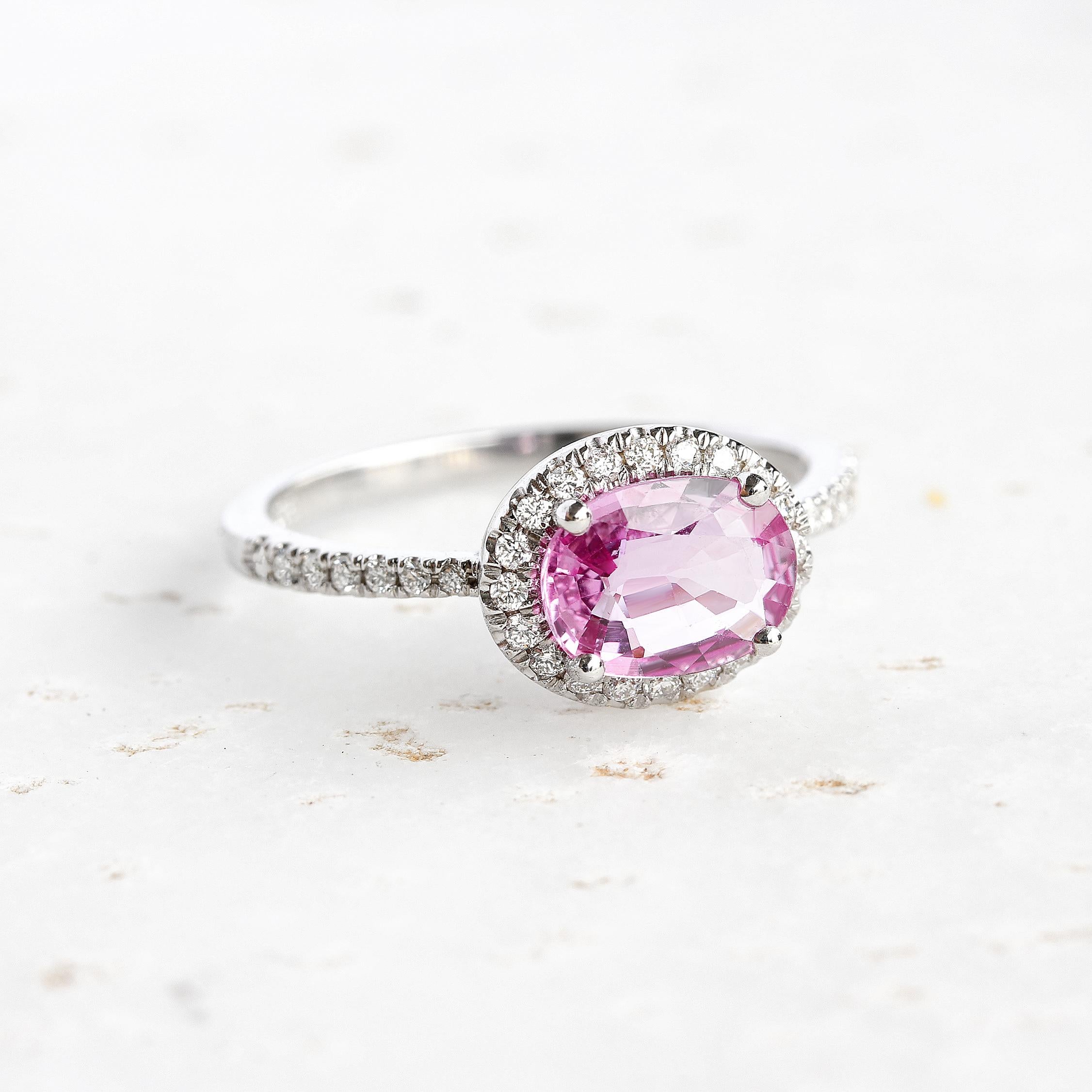 Contemporary Oval Pink Sapphire & Diamond Halo Engagement Ring 'Ivy' 14k White Gold For Sale