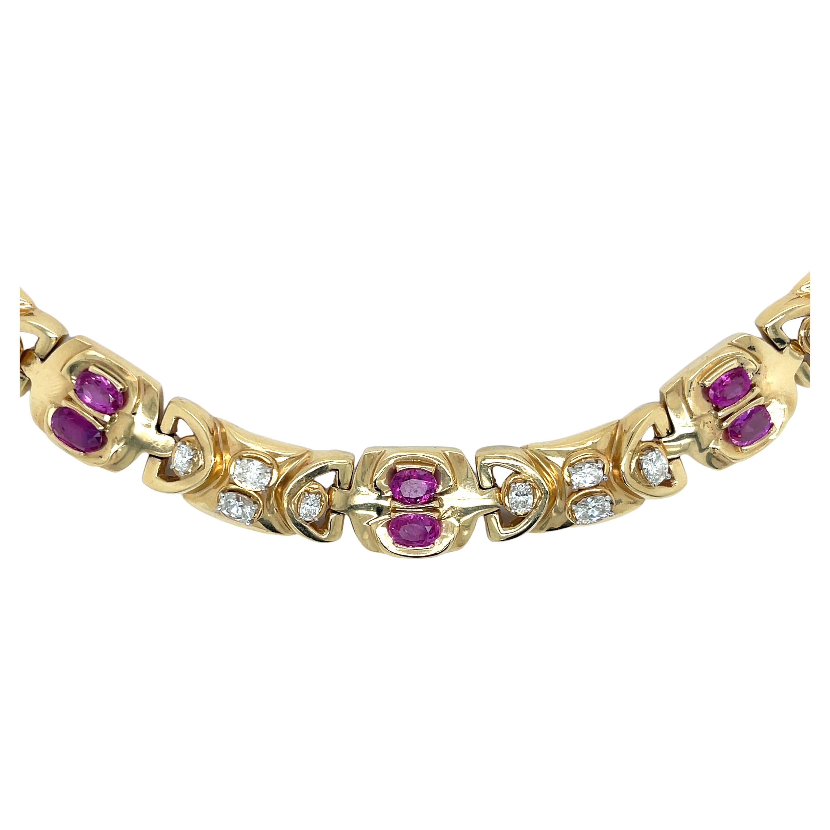 Contemporary Oval Pink Sapphire & Diamond Necklace Yellow Gold