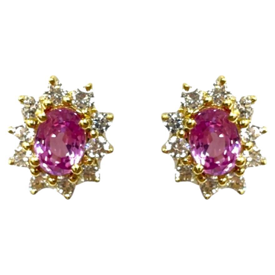 Oval Pink Sapphire & Diamond Stud Earrings in 18K Yellow Gold