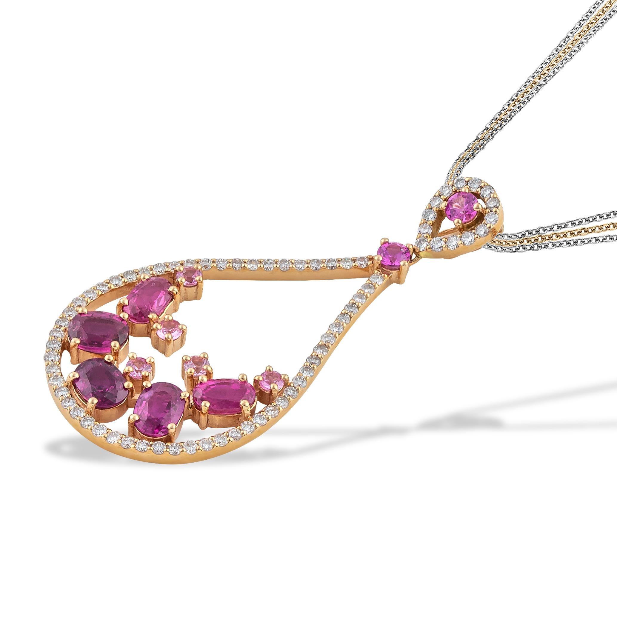 Ovaler rosa Saphir-Tropfen-Anhänger-Halskette aus 18 Karat Roségold mit Diamanten (Zeitgenössisch) im Angebot