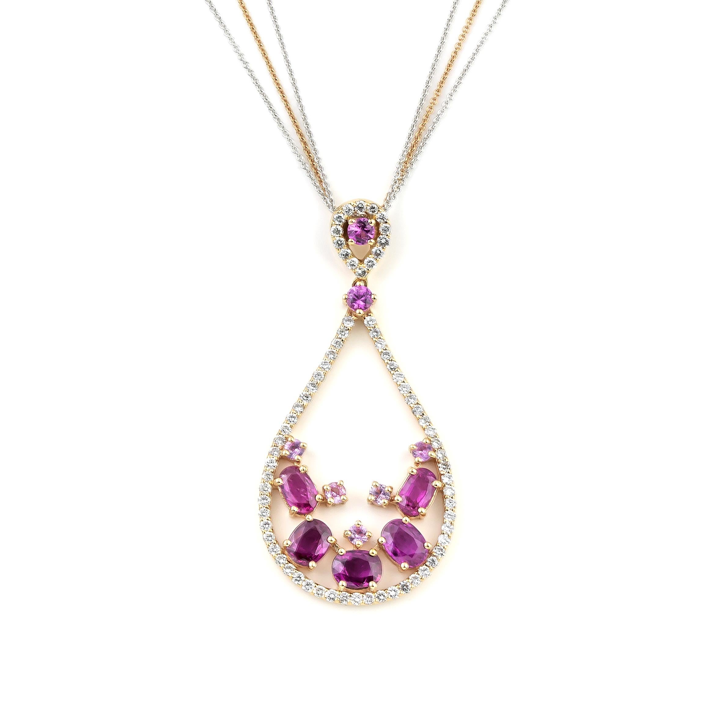 Contemporary Oval Pink Sapphire Drop Shape Pendant Necklace in 18kt Rose Gold with Diamonds For Sale