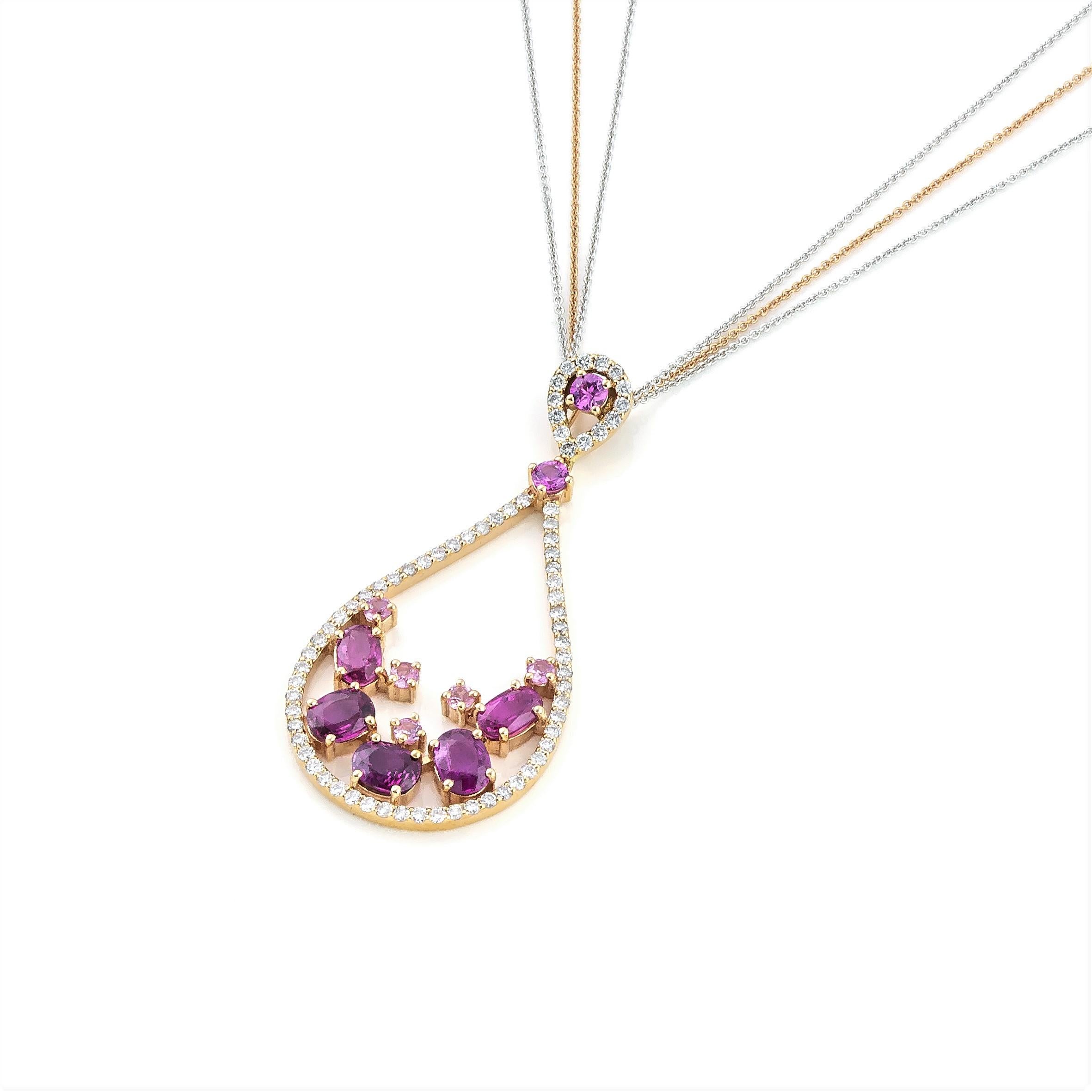 Brilliant Cut Oval Pink Sapphire Drop Shape Pendant Necklace in 18kt Rose Gold with Diamonds For Sale