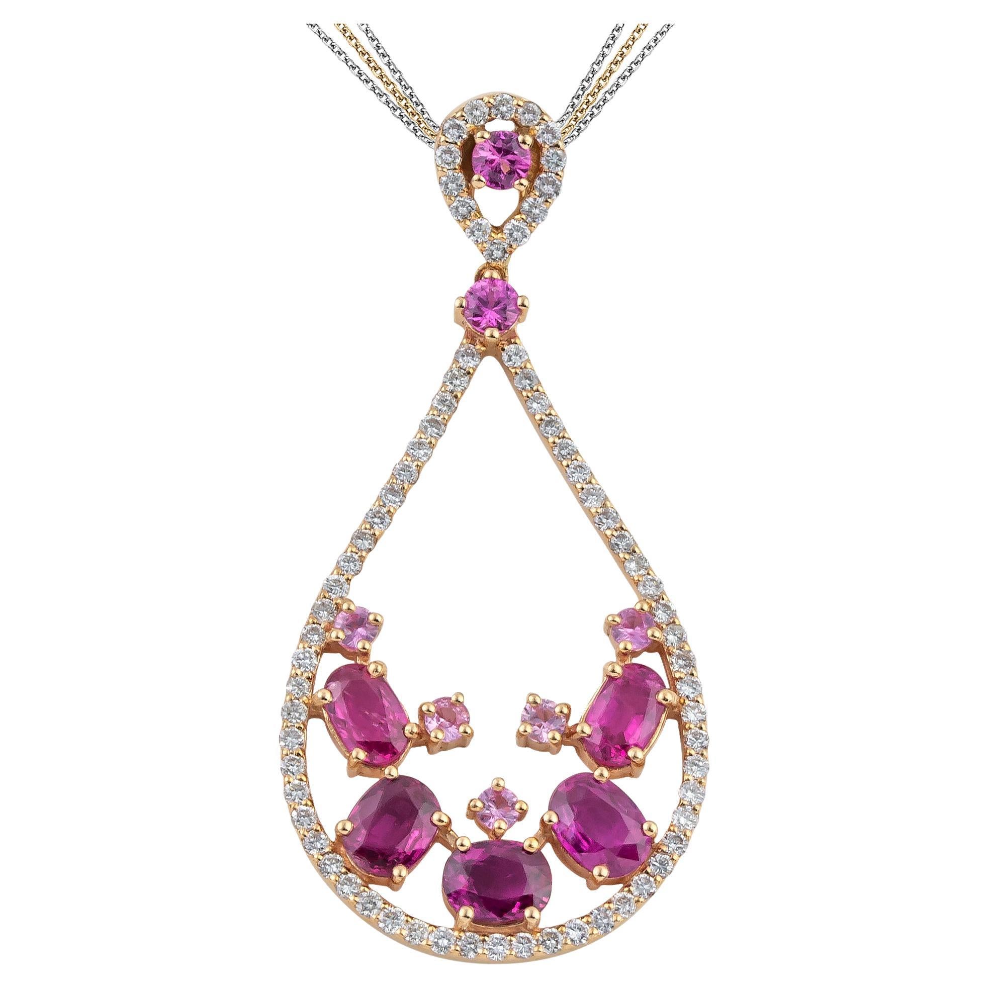 Oval Pink Sapphire Drop Shape Pendant Necklace in 18kt Rose Gold with Diamonds For Sale