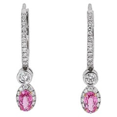 Oval Pink Sapphire Natural Diamond Halo Earrings in 14k Solid Gold (Certified)