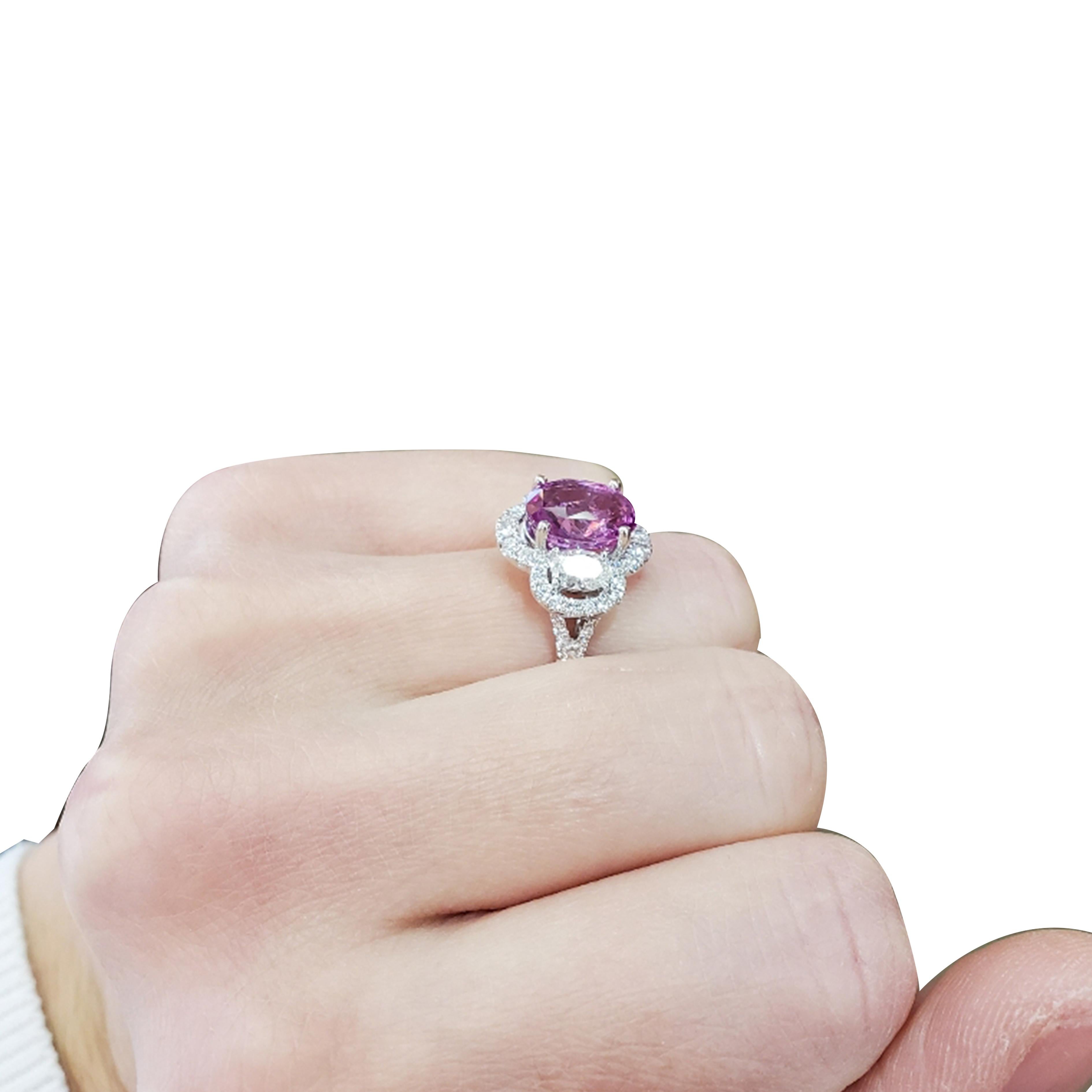 Oval Pink Sapphire/Oval Diamond 3-Stone Platinum Ring #17492 2