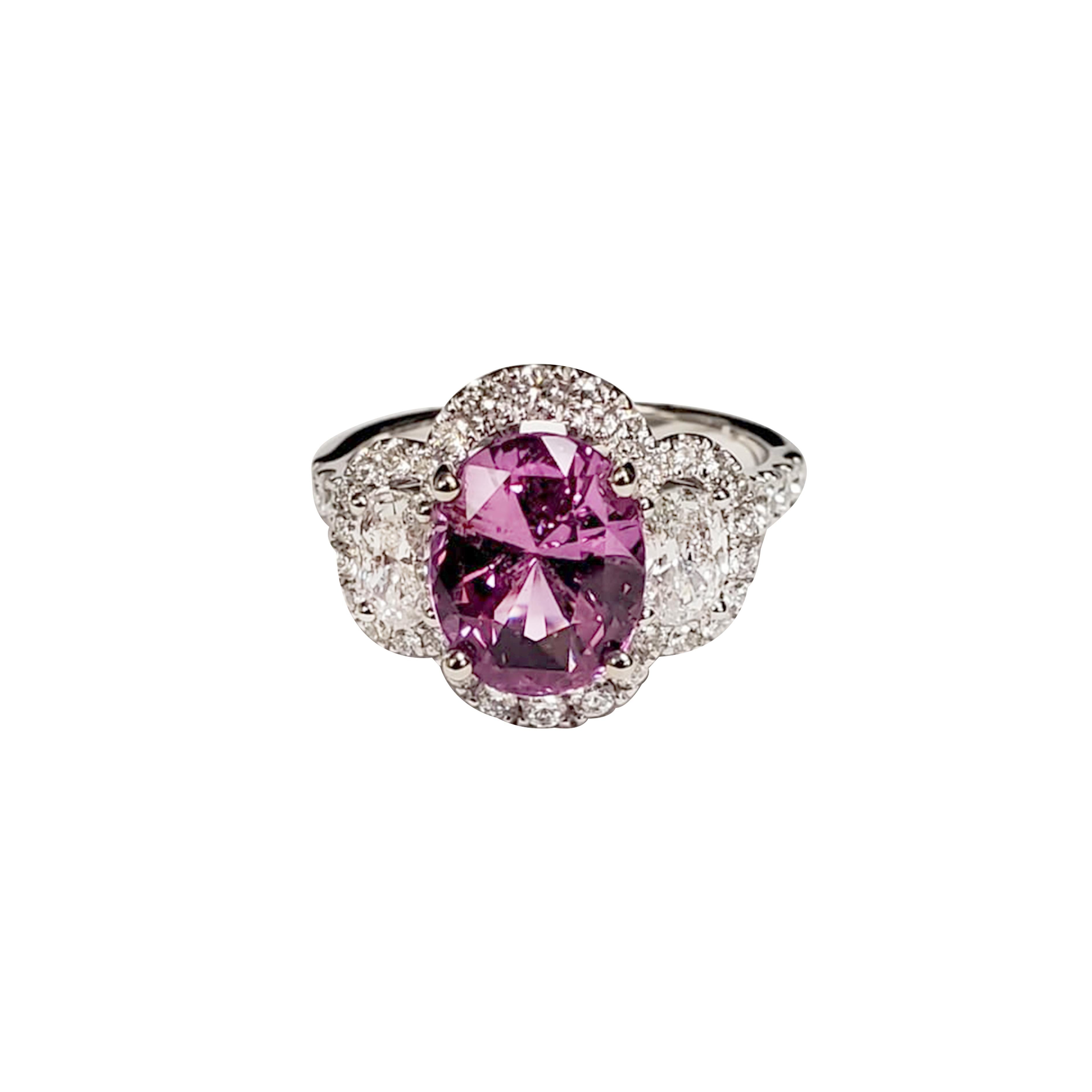 Oval Pink Sapphire/Oval Diamond 3-Stone Platinum Ring #17492 3