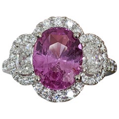 Oval Pink Sapphire/Oval Diamond 3-Stone Platinum Ring #17492