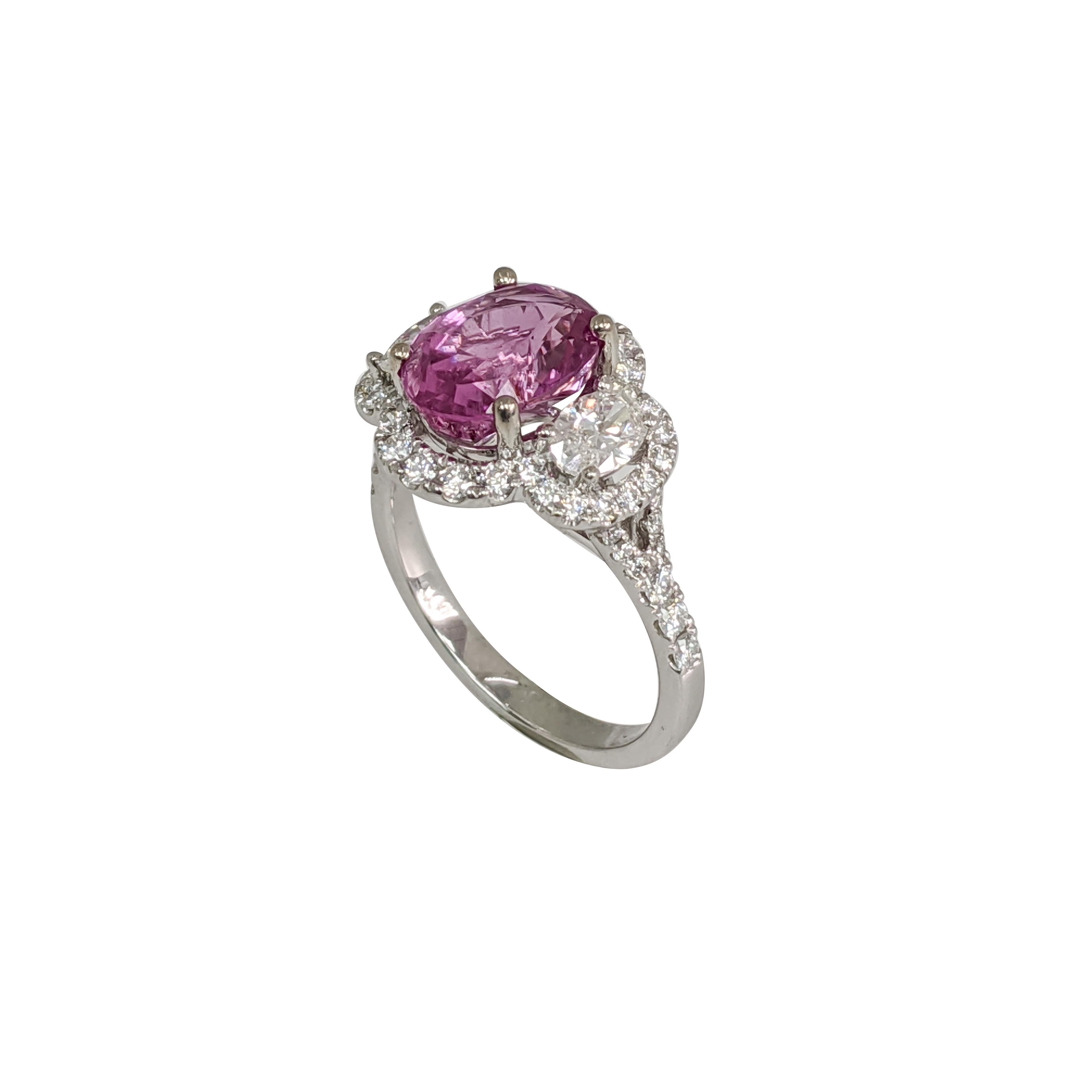 Oval Cut Oval Pink Sapphire/Oval Diamond 3-Stone Platinum Ring #17492