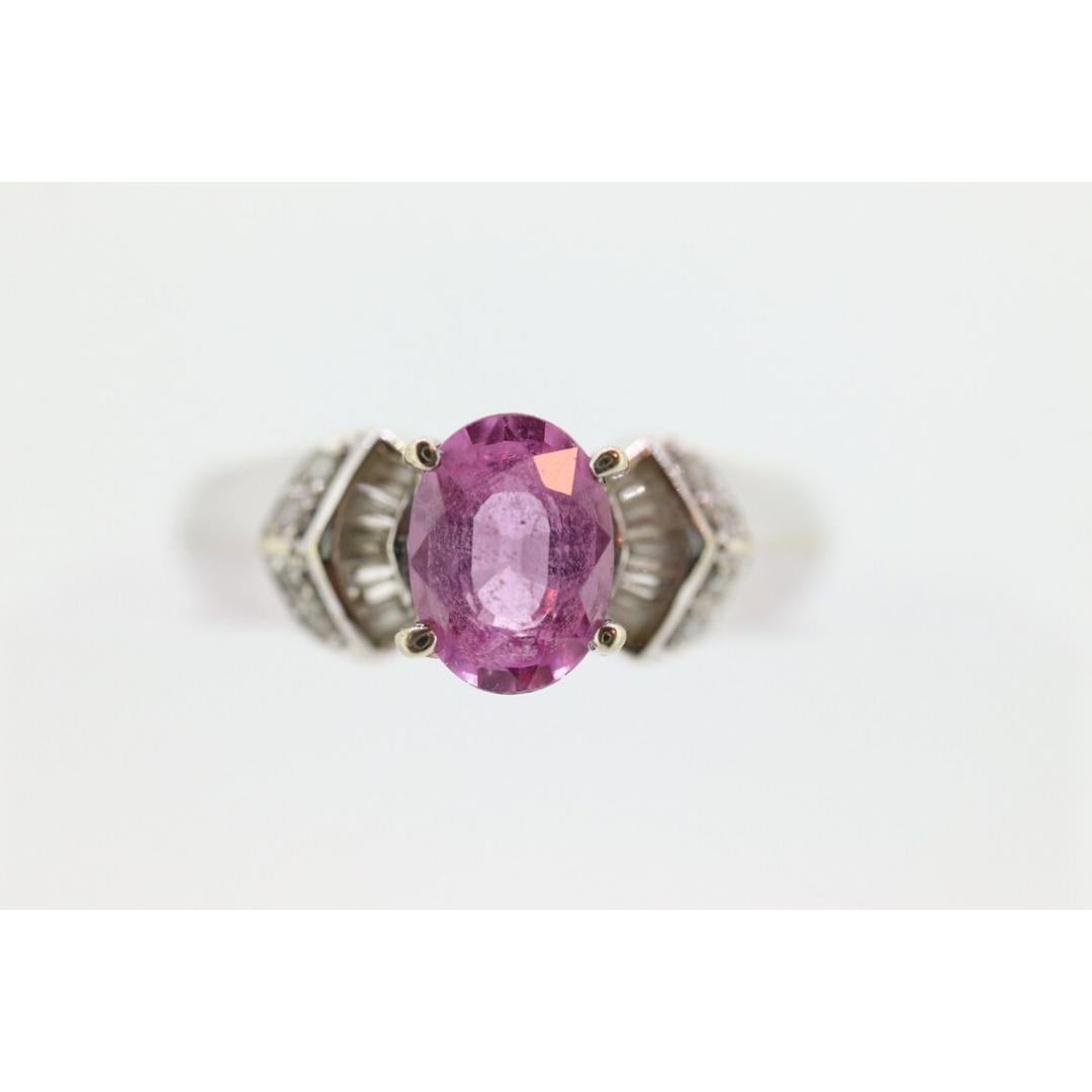 Solitär mit ovalem rosa Saphir Solitär. 14k Weißgold mit Diamant melees im Angebot 7