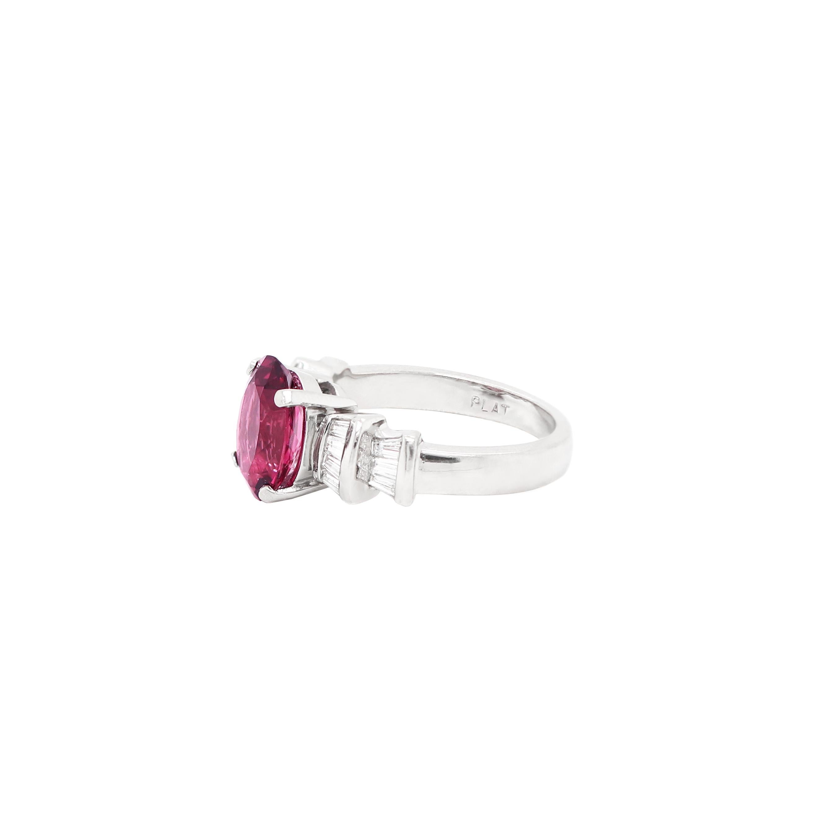 Oval Cut Oval Pink Tourmaline and Baguette Cut Diamond Dress Platinum Ring