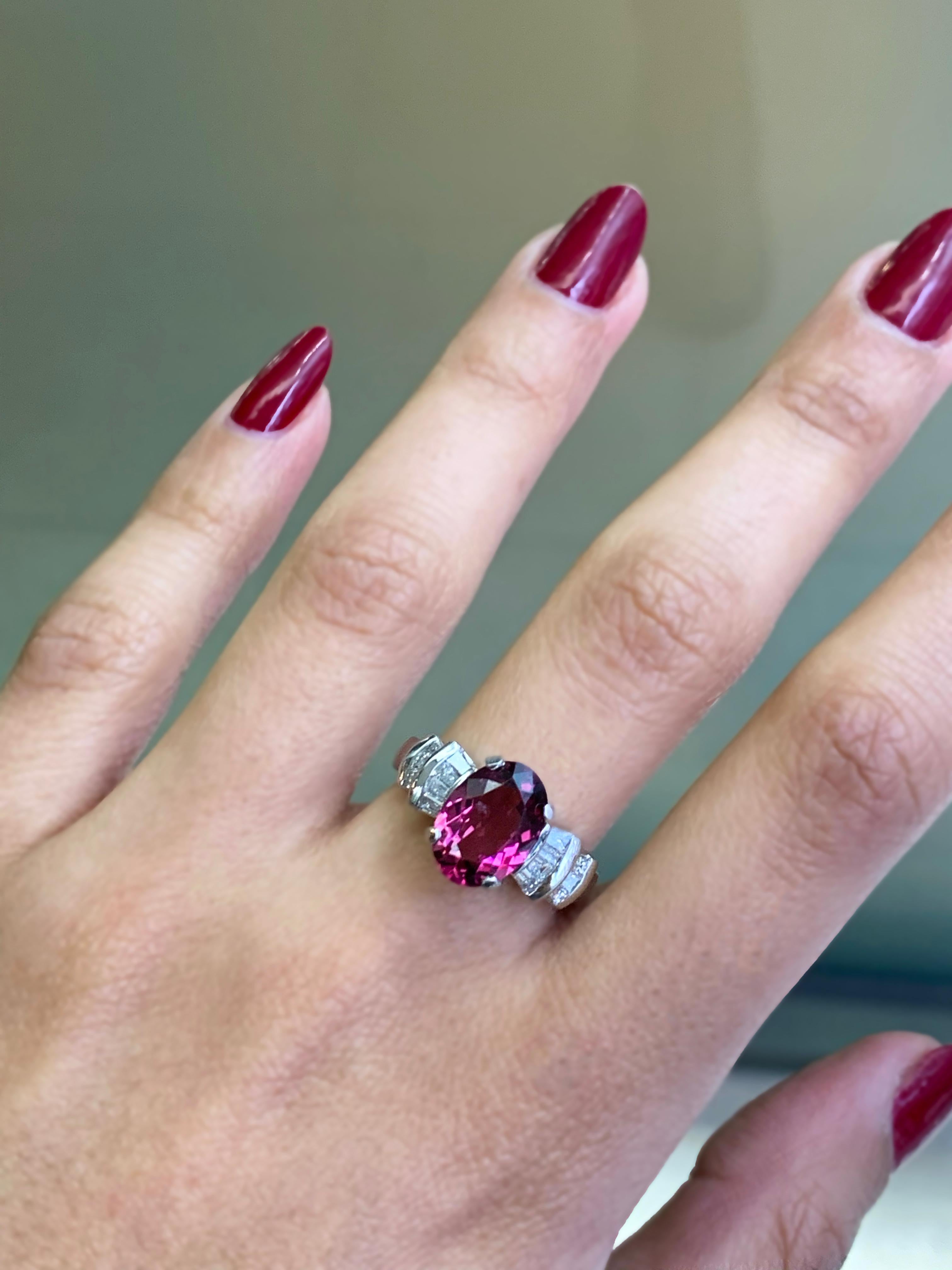 Oval Pink Tourmaline and Baguette Cut Diamond Dress Platinum Ring 2
