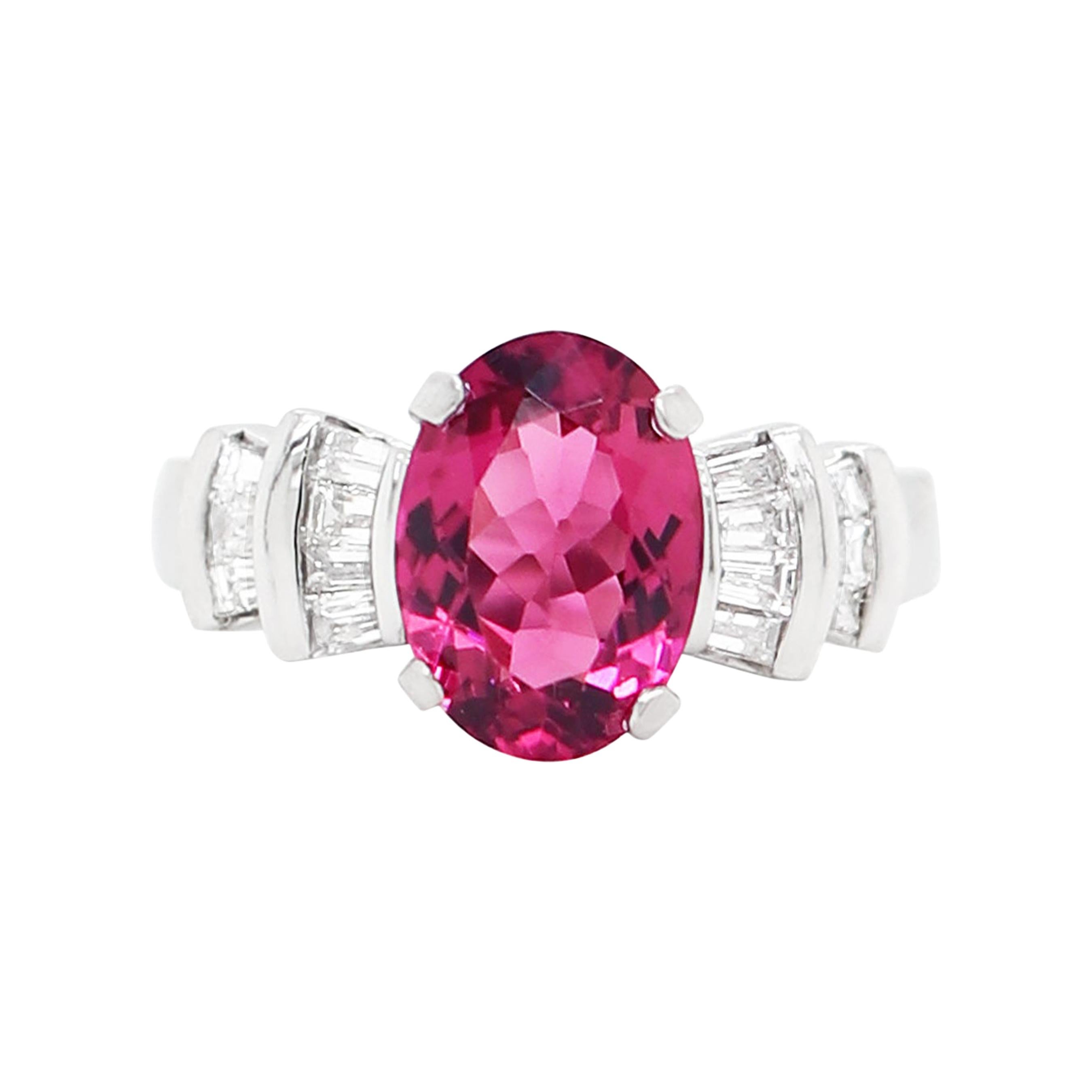 Oval Pink Tourmaline and Baguette Cut Diamond Dress Platinum Ring