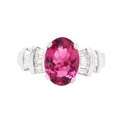 Vintage Oval Pink Tourmaline and Baguette Cut Diamond Dress Platinum Ring