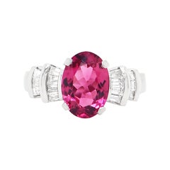 Oval Pink Tourmaline and Baguette Cut Diamond Dress Platinum Ring