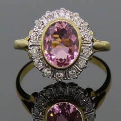 Oval Pink Tourmaline and Diamond Coronet Cluster Ring 18 Karat Gold