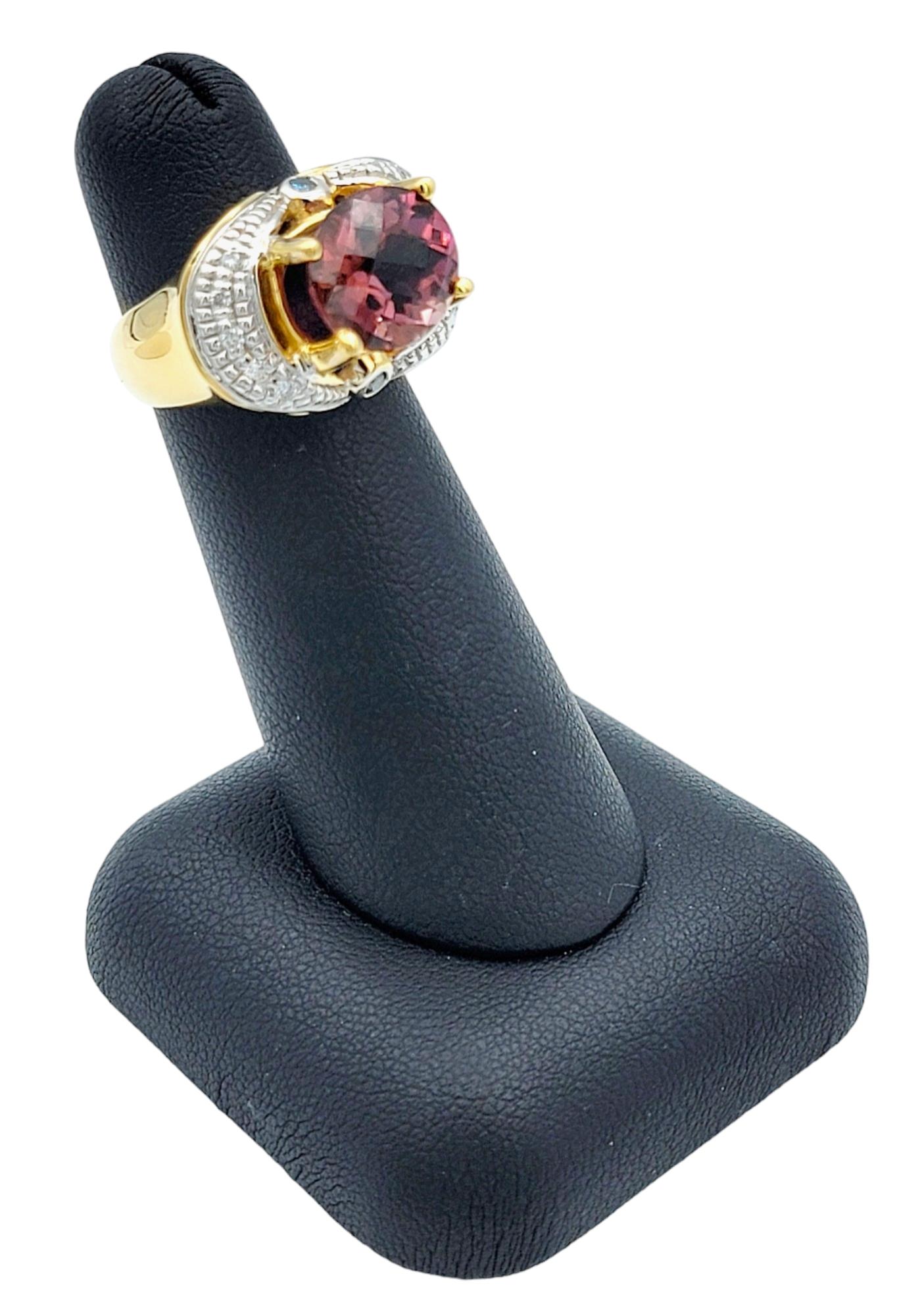 Oval Pink Tourmaline and Diamond Halo Ring Set in 14 Karat White and Yellow Gold For Sale 5