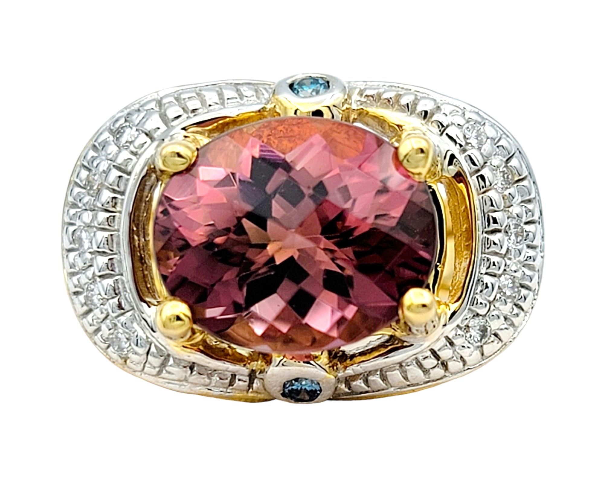 Ring Size: 4.75

Exuding a captivating allure, this cocktail ring features a splendid oval pink tourmaline as its focal point, embraced by a shimmering halo of diamonds. Set in 14 karat gold, the prongs cradling the tourmaline and the band showcase