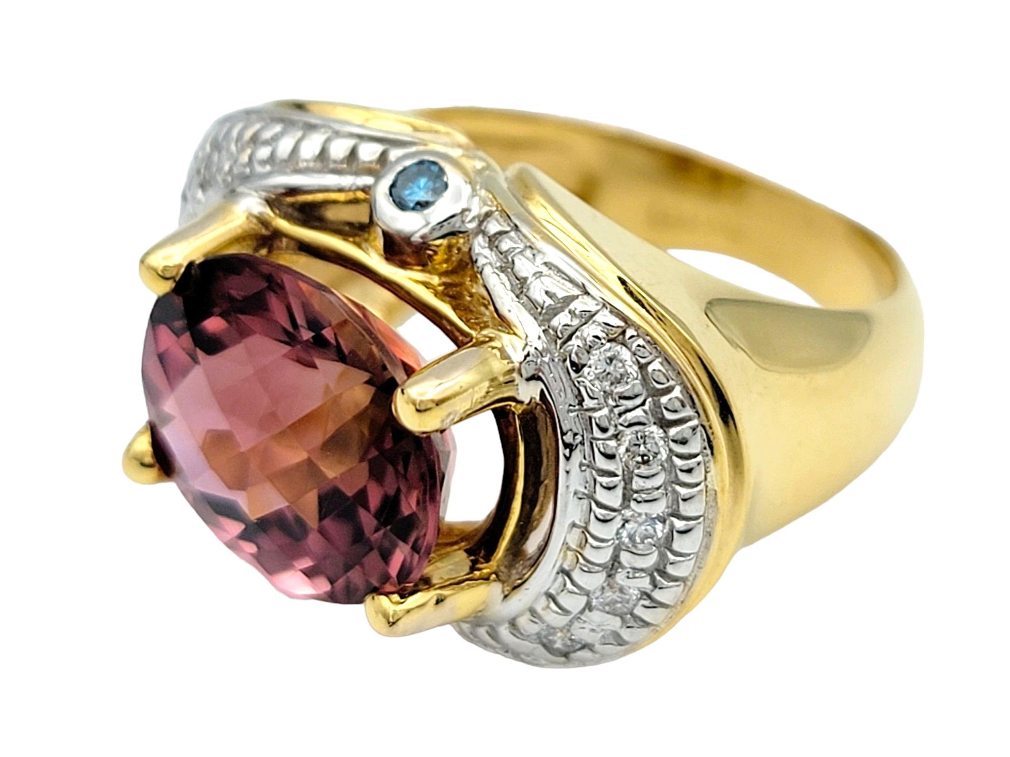 Contemporary Oval Pink Tourmaline and Diamond Halo Ring Set in 14 Karat White and Yellow Gold For Sale