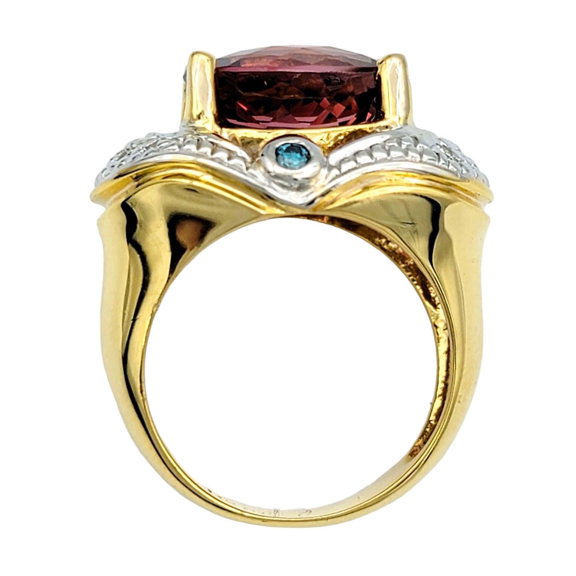 Women's Oval Pink Tourmaline and Diamond Halo Ring Set in 14 Karat White and Yellow Gold For Sale