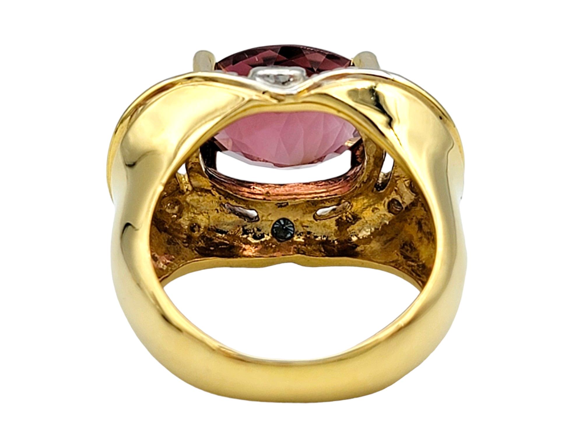 Oval Pink Tourmaline and Diamond Halo Ring Set in 14 Karat White and Yellow Gold For Sale 1