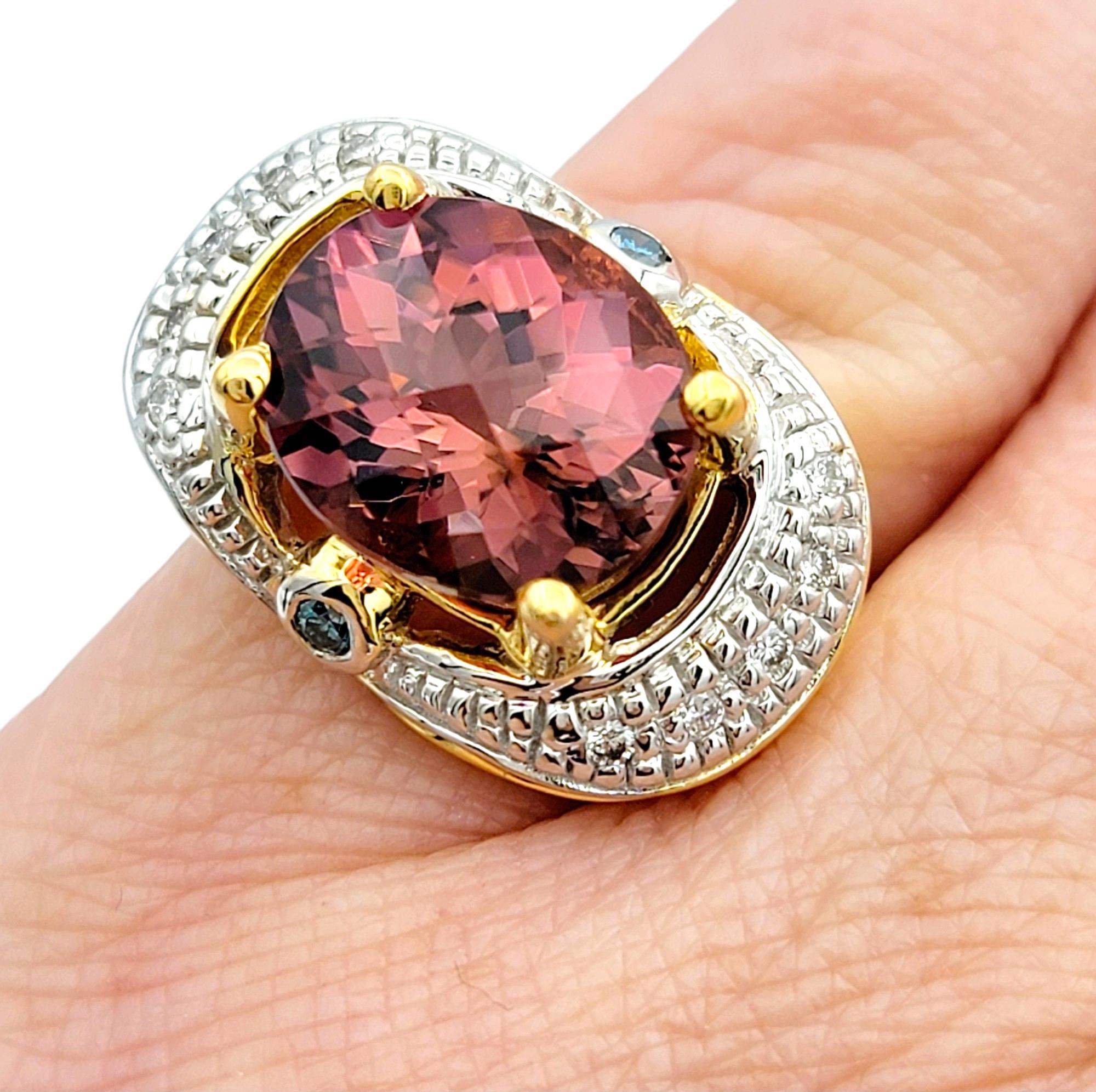 Oval Pink Tourmaline and Diamond Halo Ring Set in 14 Karat White and Yellow Gold For Sale 3