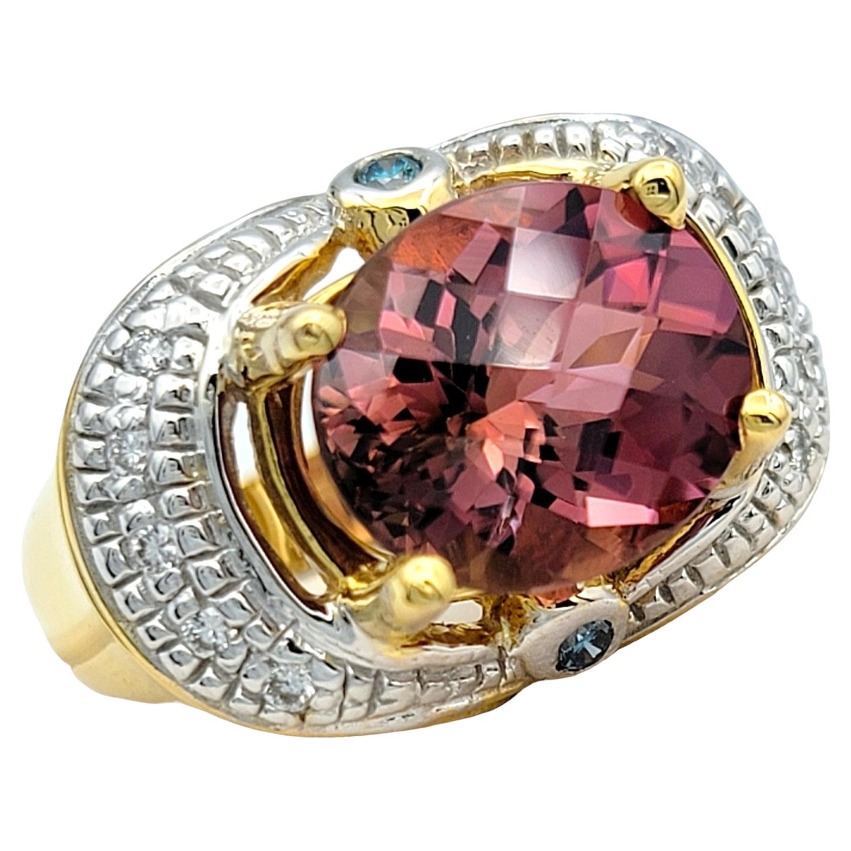 Oval Pink Tourmaline and Diamond Halo Ring Set in 14 Karat White and Yellow Gold For Sale