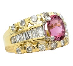 Oval Pink Tourmaline and Multi Diamond Band Ring in 18 Karat Yellow Gold