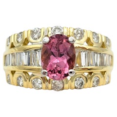 Oval Pink Tourmaline and Multi Diamond Band Ring in 18 Karat Yellow Gold