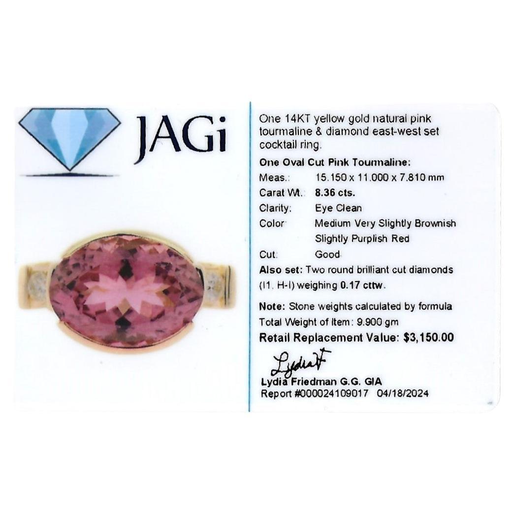 Oval Pink Tourmaline and Round Diamond Cocktail Ring Set in 14 Karat Yellow Gold For Sale 4