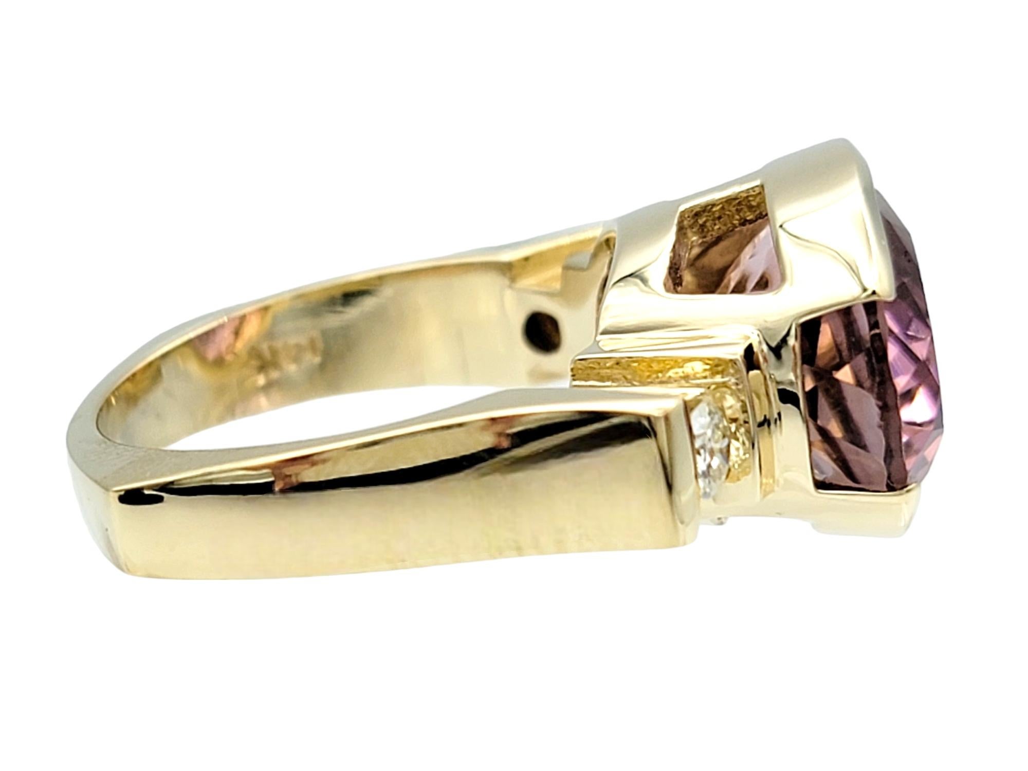 Oval Cut Oval Pink Tourmaline and Round Diamond Cocktail Ring Set in 14 Karat Yellow Gold For Sale