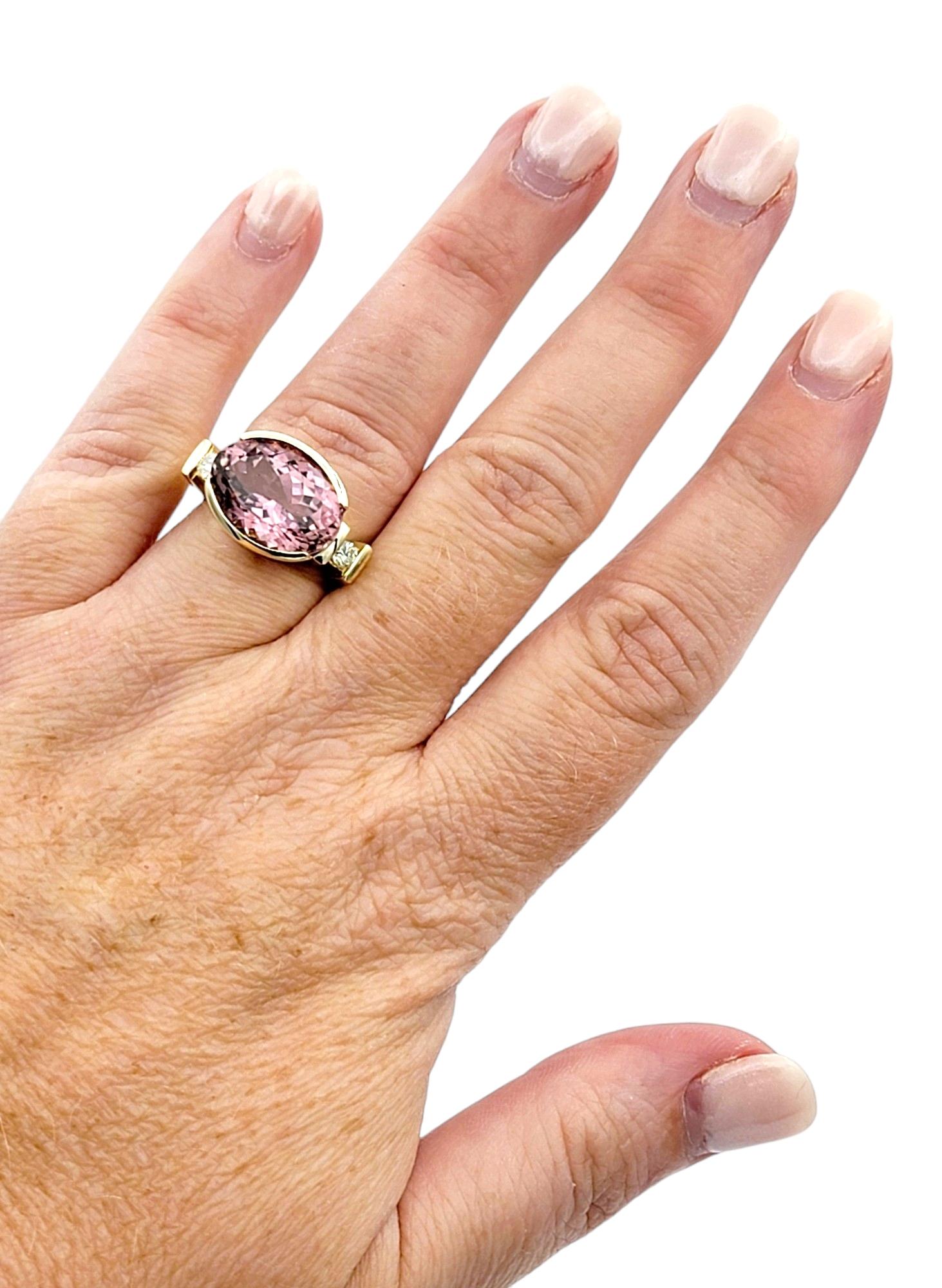 Women's Oval Pink Tourmaline and Round Diamond Cocktail Ring Set in 14 Karat Yellow Gold For Sale