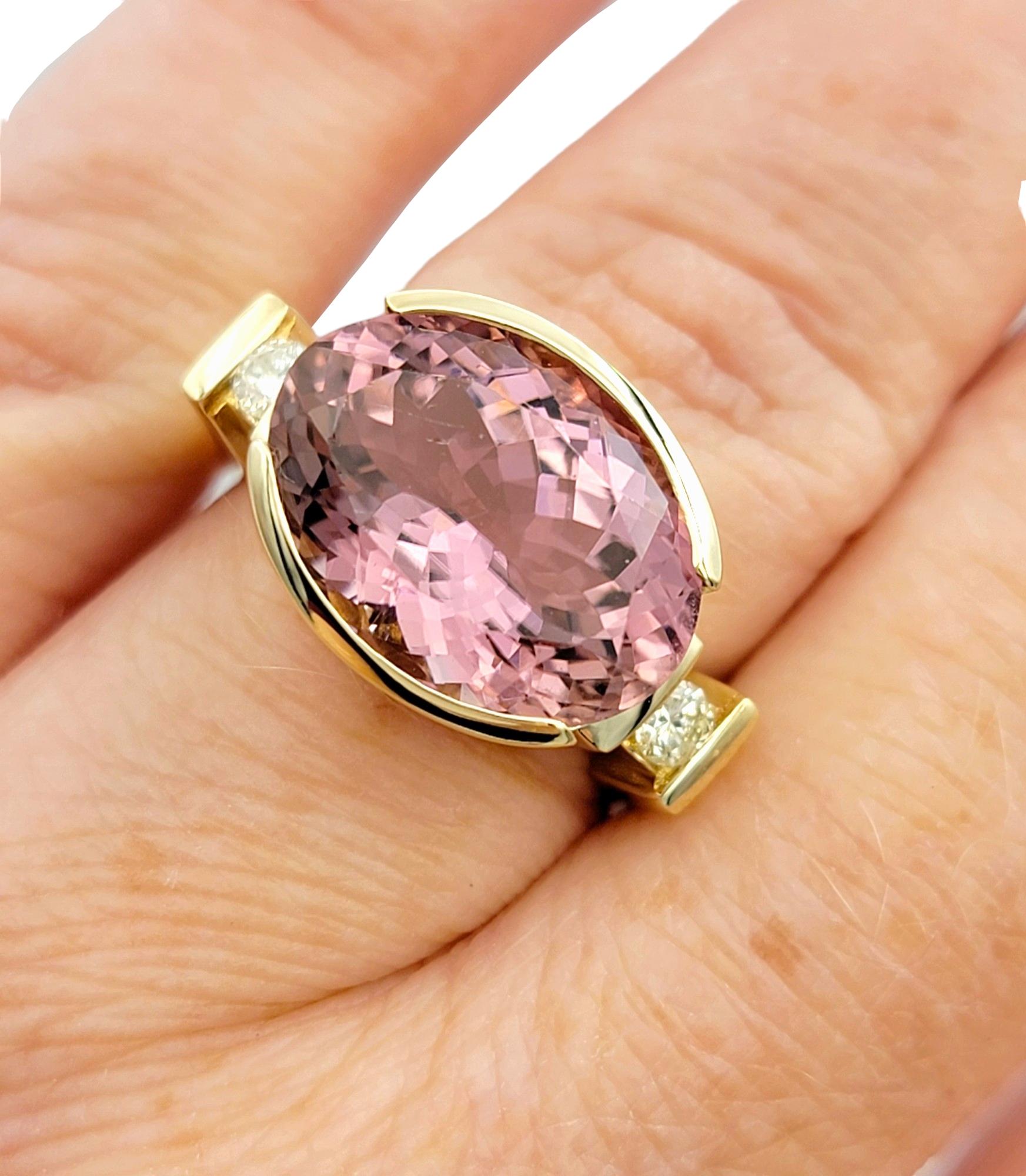 Oval Pink Tourmaline and Round Diamond Cocktail Ring Set in 14 Karat Yellow Gold For Sale 1