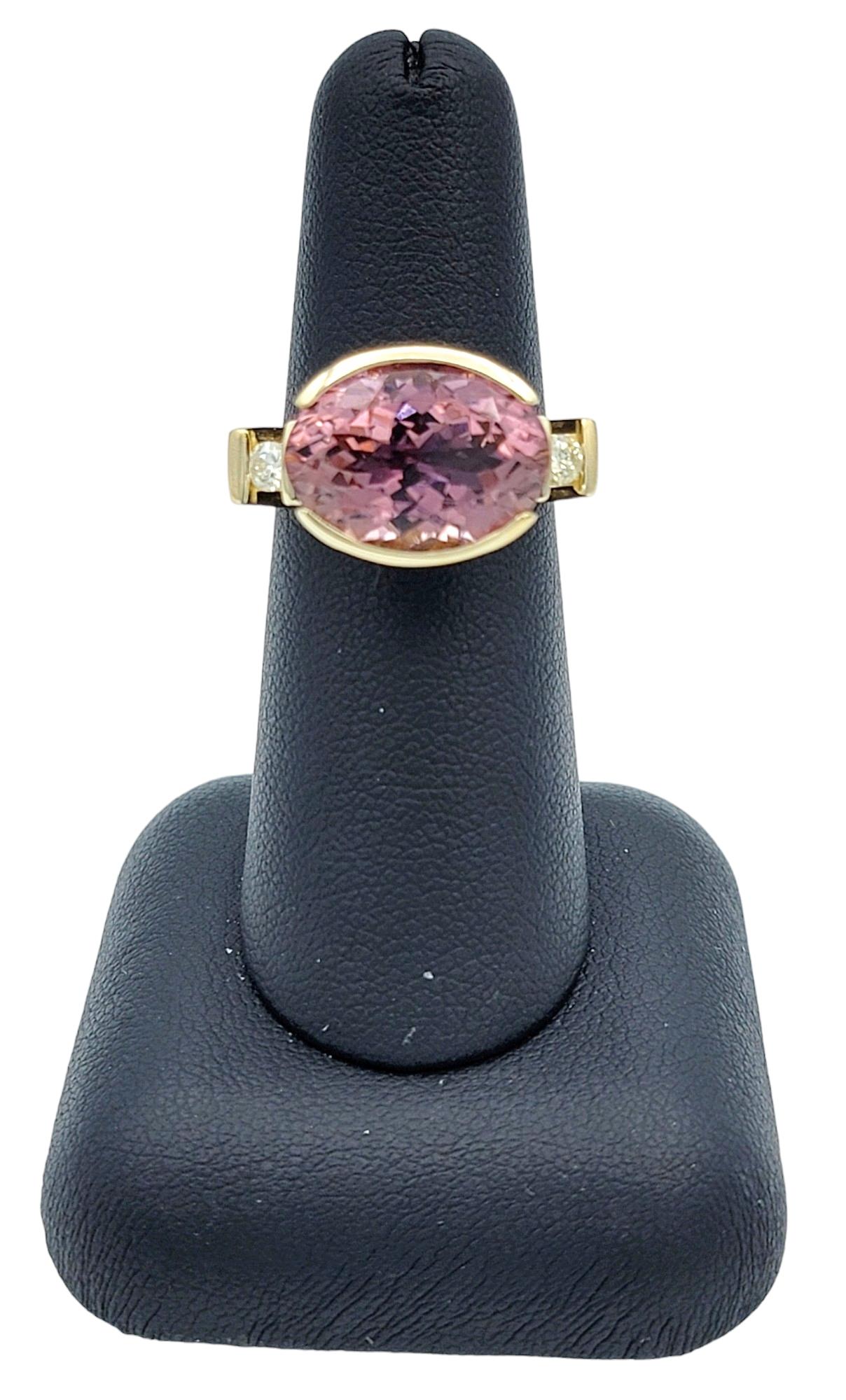 Oval Pink Tourmaline and Round Diamond Cocktail Ring Set in 14 Karat Yellow Gold For Sale 2