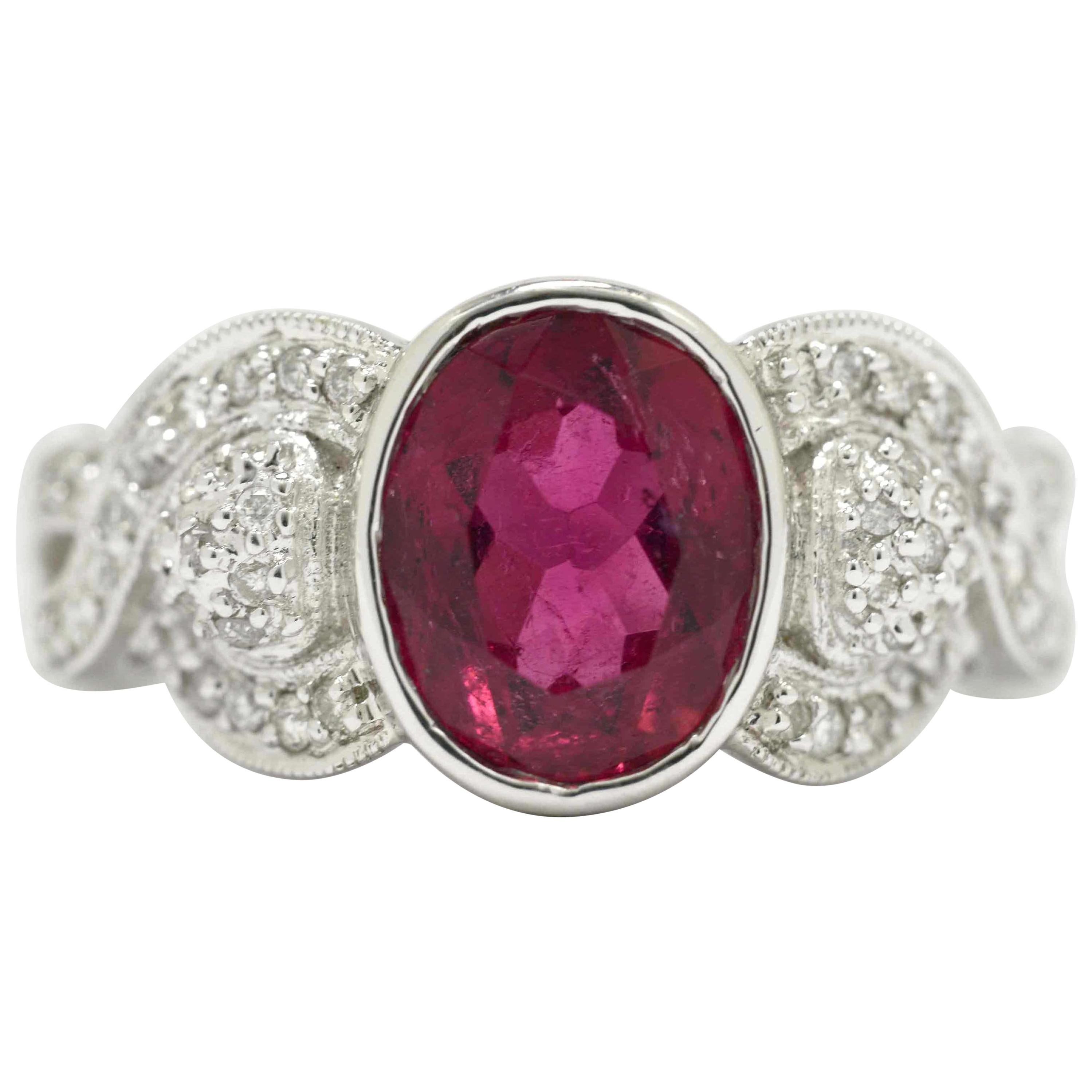 Retro Revival Pink Tourmaline 18K White Gold Engagement Ring For Sale