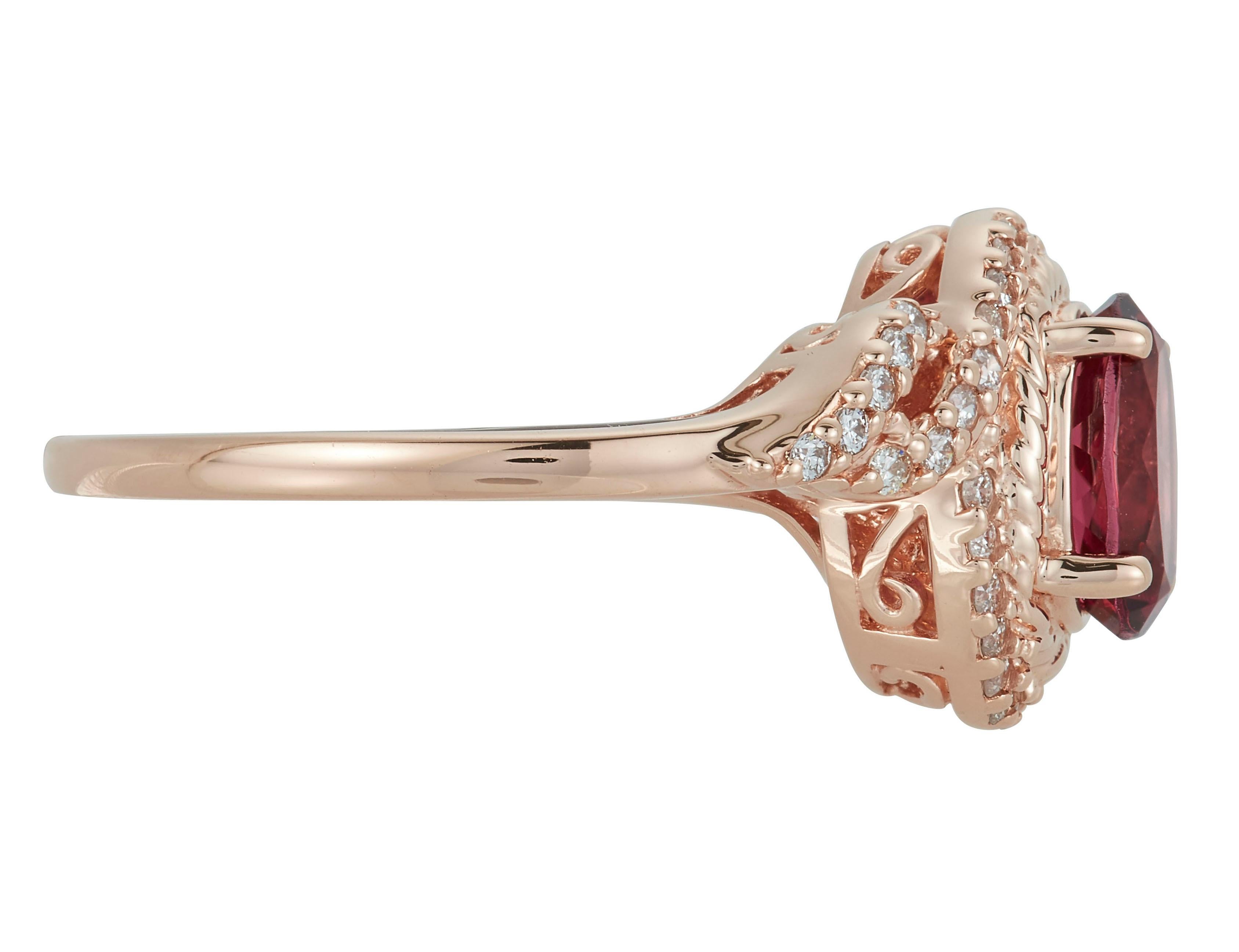 14K Rose Gold
1 Oval Pink Tourmaline at 1.22 Carat- Measuring 7.8 x 5.7
42 Brilliant Round White Diamonds at 0.25 Carats - Color: H-I /Clarity: SI

Alberto offers complimentary sizing on all rings.

Fine one-of-a-kind craftsmanship meets incredible