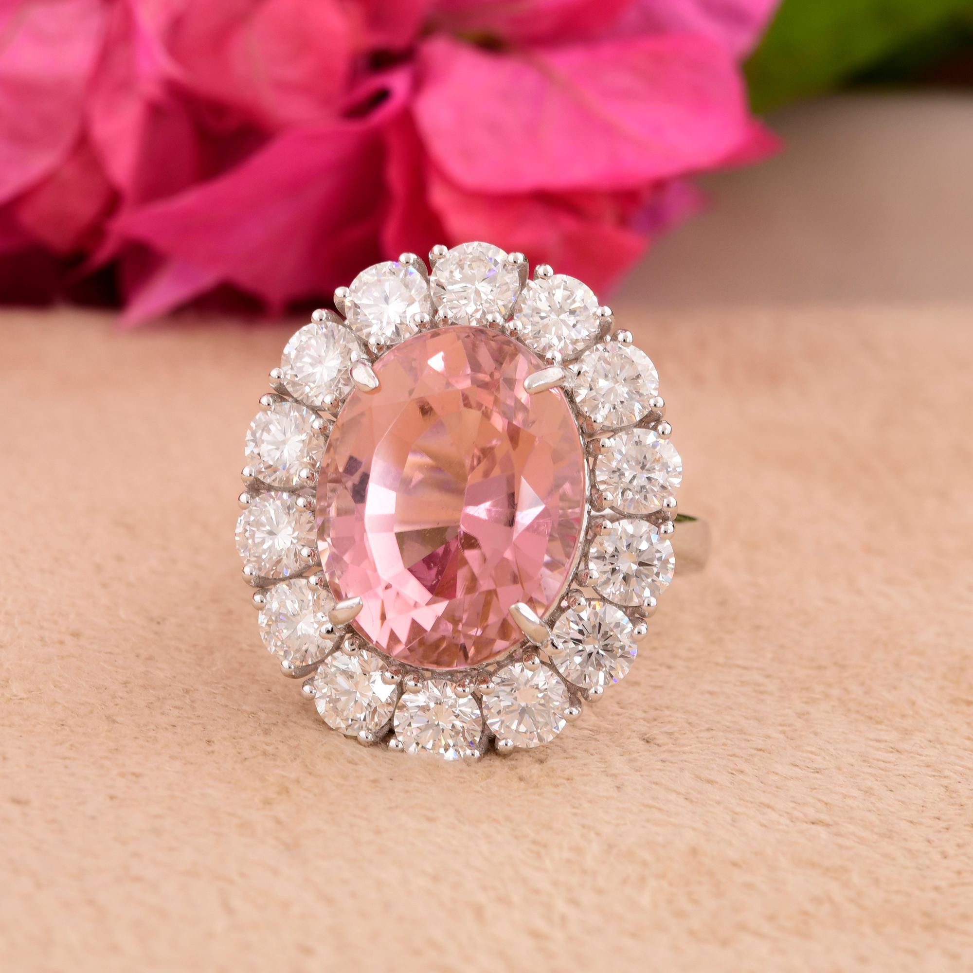 En vente :  Bague cocktail en or blanc 14 carats avec tourmaline rose ovale et diamants 3