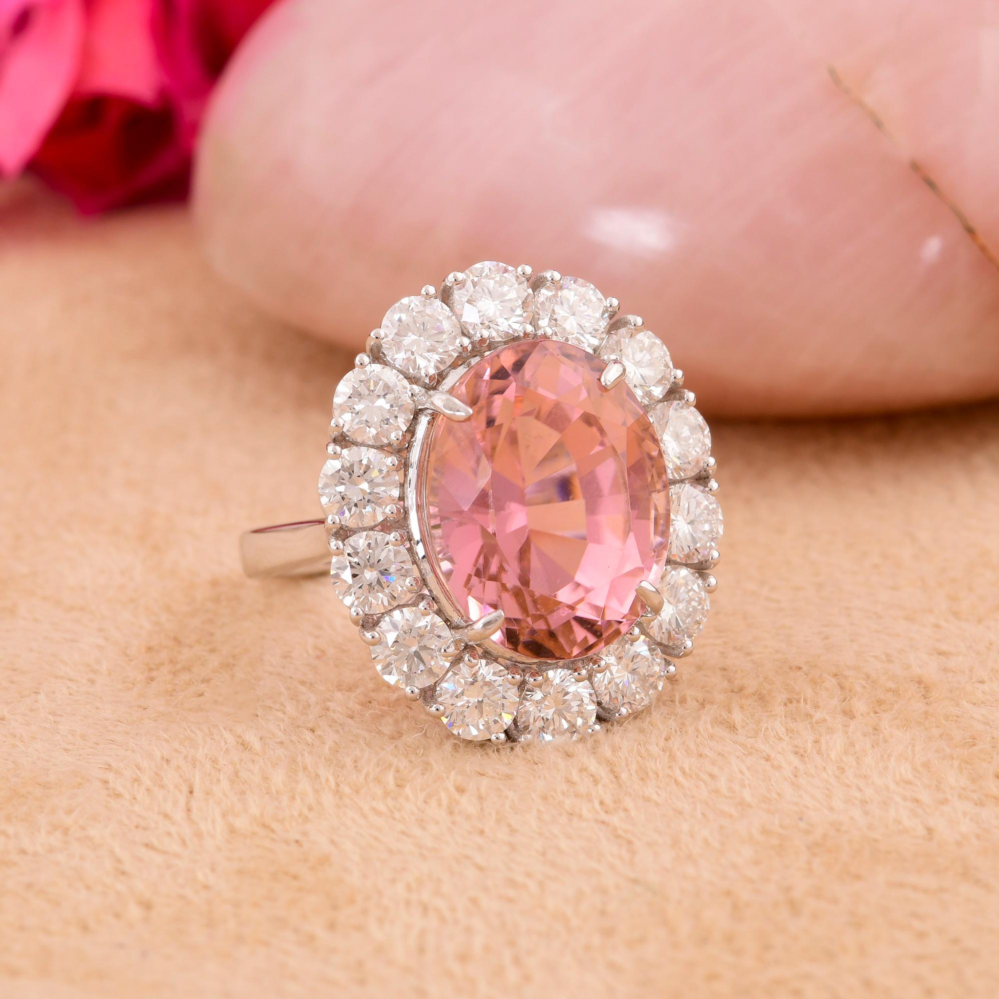 Women's Oval Pink Tourmaline Gemstone Cocktail Ring Diamond 14 Karat White Gold Jewelry For Sale