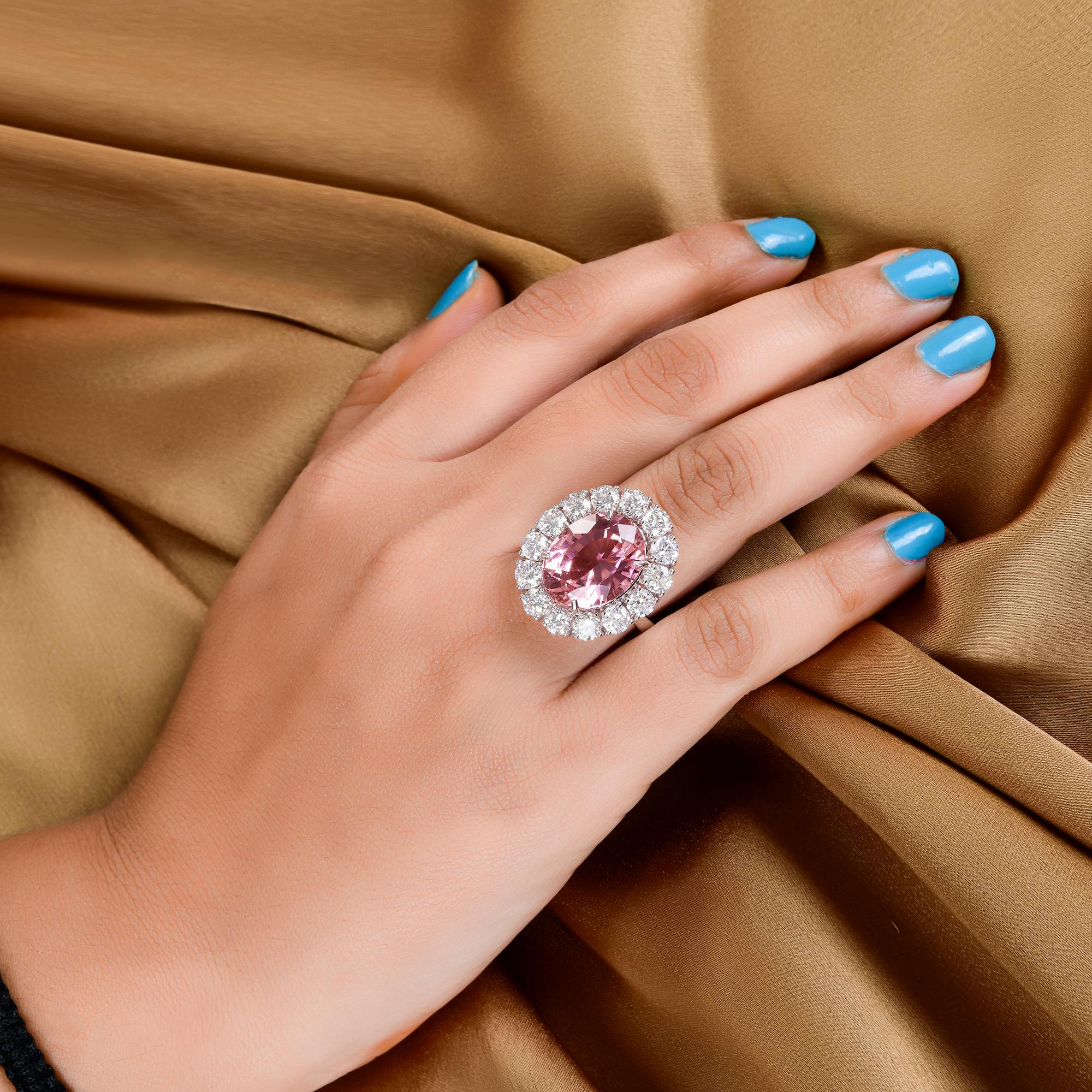 Im Angebot: Ovaler Pink Turmalin Edelstein Cocktail Ring Diamant 18 Karat Weißgold Schmuck () 2