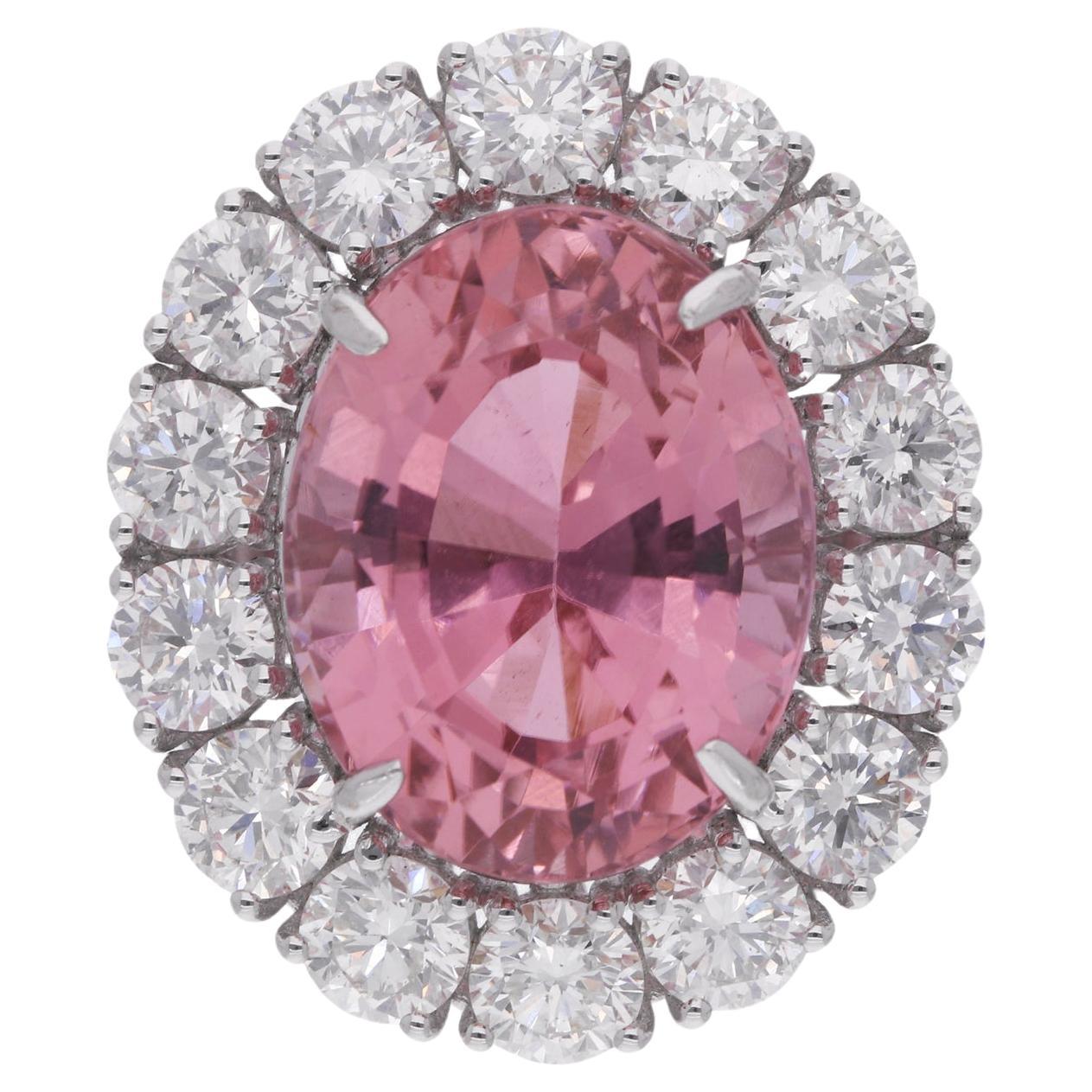 Oval Pink Tourmaline Gemstone Cocktail Ring Diamond 18 Karat White Gold Jewelry For Sale