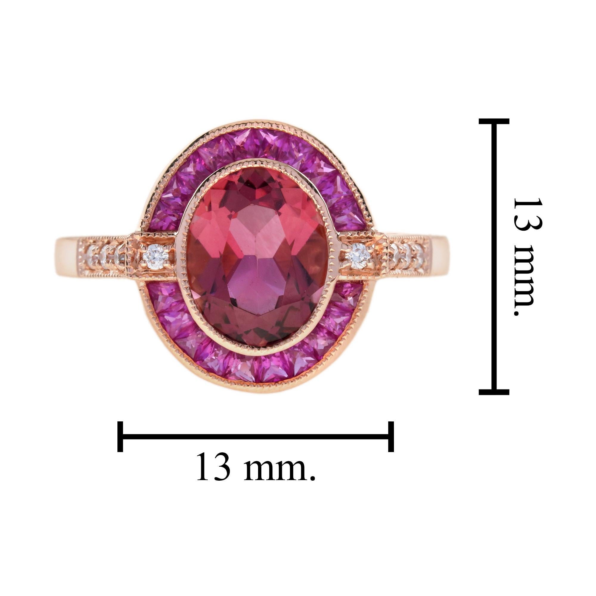 Oval Pink Tourmaline Ruby and Diamond Art Deco Style Engagement Ring in 14K Gold For Sale 5