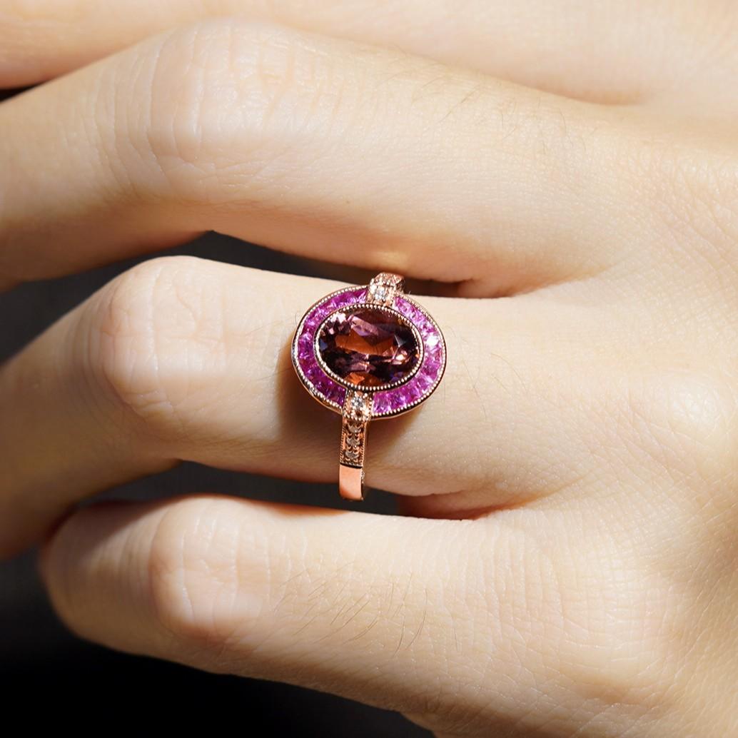 Oval Cut Oval Pink Tourmaline Ruby and Diamond Art Deco Style Engagement Ring in 14K Gold For Sale