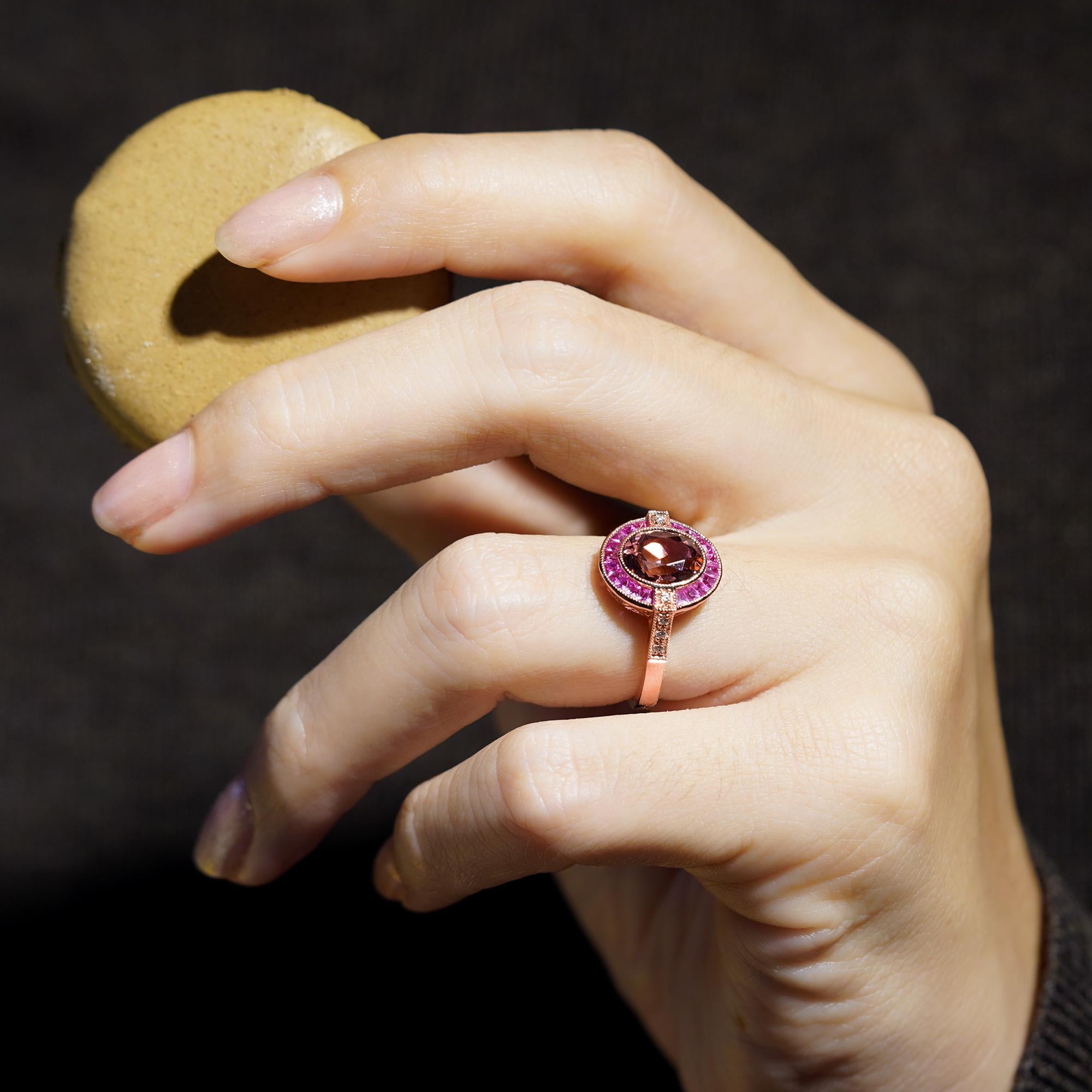 Oval Pink Tourmaline Ruby and Diamond Art Deco Style Engagement Ring in 14K Gold In New Condition For Sale In Bangkok, TH