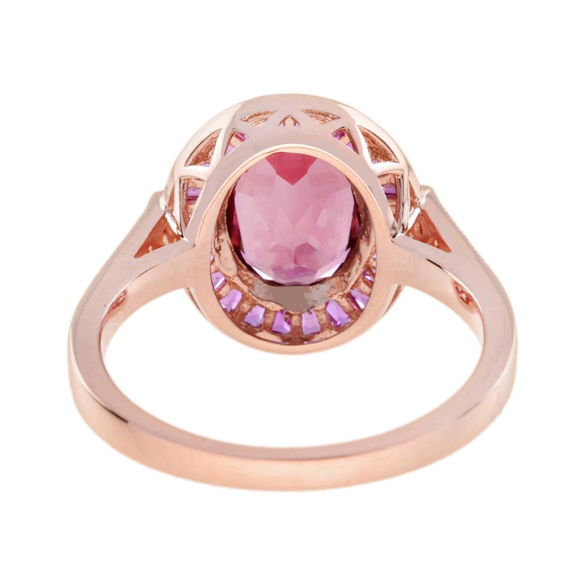 Oval Pink Tourmaline Ruby and Diamond Art Deco Style Engagement Ring in 14K Gold For Sale 3