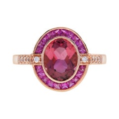 Oval Pink Tourmaline Ruby and Diamond Art Deco Style Engagement Ring in 14K Gold