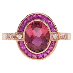 Oval Pink Tourmaline Ruby and Diamond Art Deco Style Engagement Ring in 14K Gold